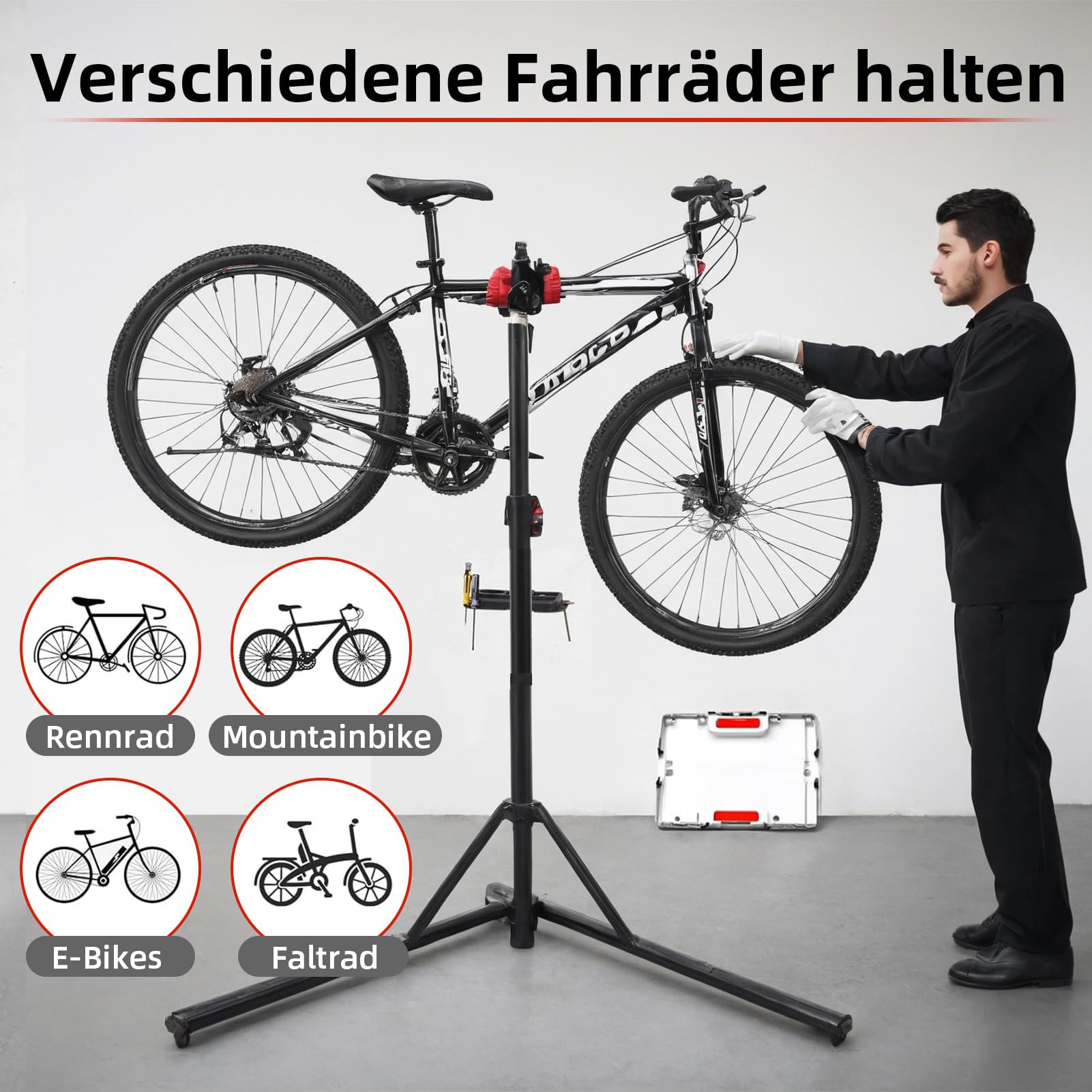 Fahrradmontageständer, Höhenverstellbar Fahrrad Reparaturständer mit Werkzeugablage bis 50kg, Klappbar 360° Drehbar Profi Reparaturständer für E-Bike Mountainbikes - Schwarz