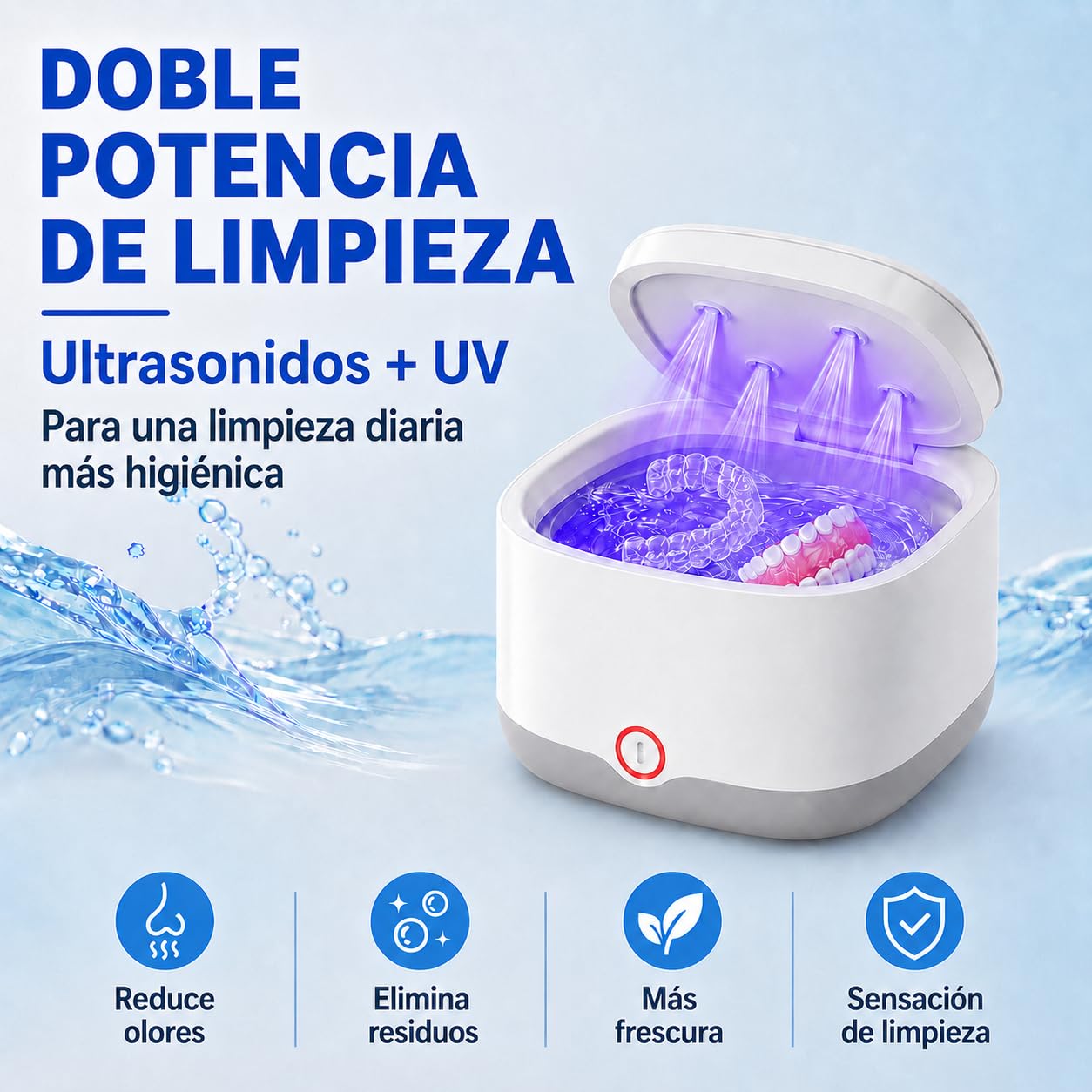 Limpiador Ultrasonidos Dental para Férulas y Retenedores (Blanco) | Depósito de 200ML, Limpieza por Ultrasonidos de 45kHz con 24W, Batería 4000mAh y 4 Lámparas UV para Dentaduras y Joyas