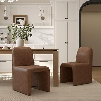Brown Upholstered Leather Dining Chairs Set of 2, Mid Century Modern Dining Room Chairs with Deep Seat & Curved Back, Armless Side Chair Comfy Kitchen Chairs for Living Room/Kitchen