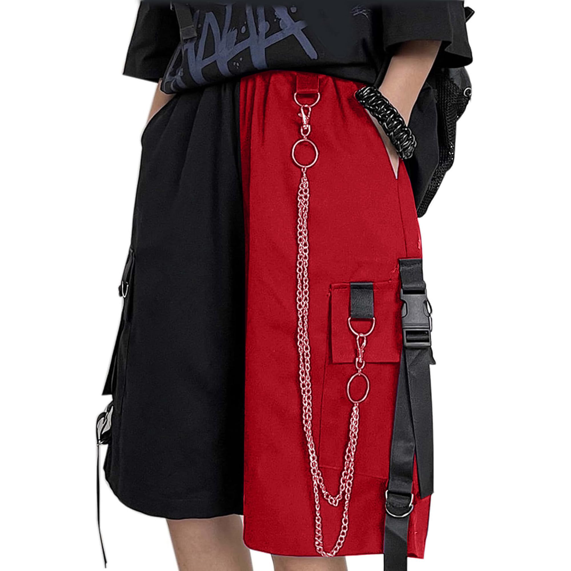 MEINVQIAOTI Schwarze Cargohose für Damen, Street Harajuku, lockere, gerade Shorts, Schwarze Hose mit Ketten