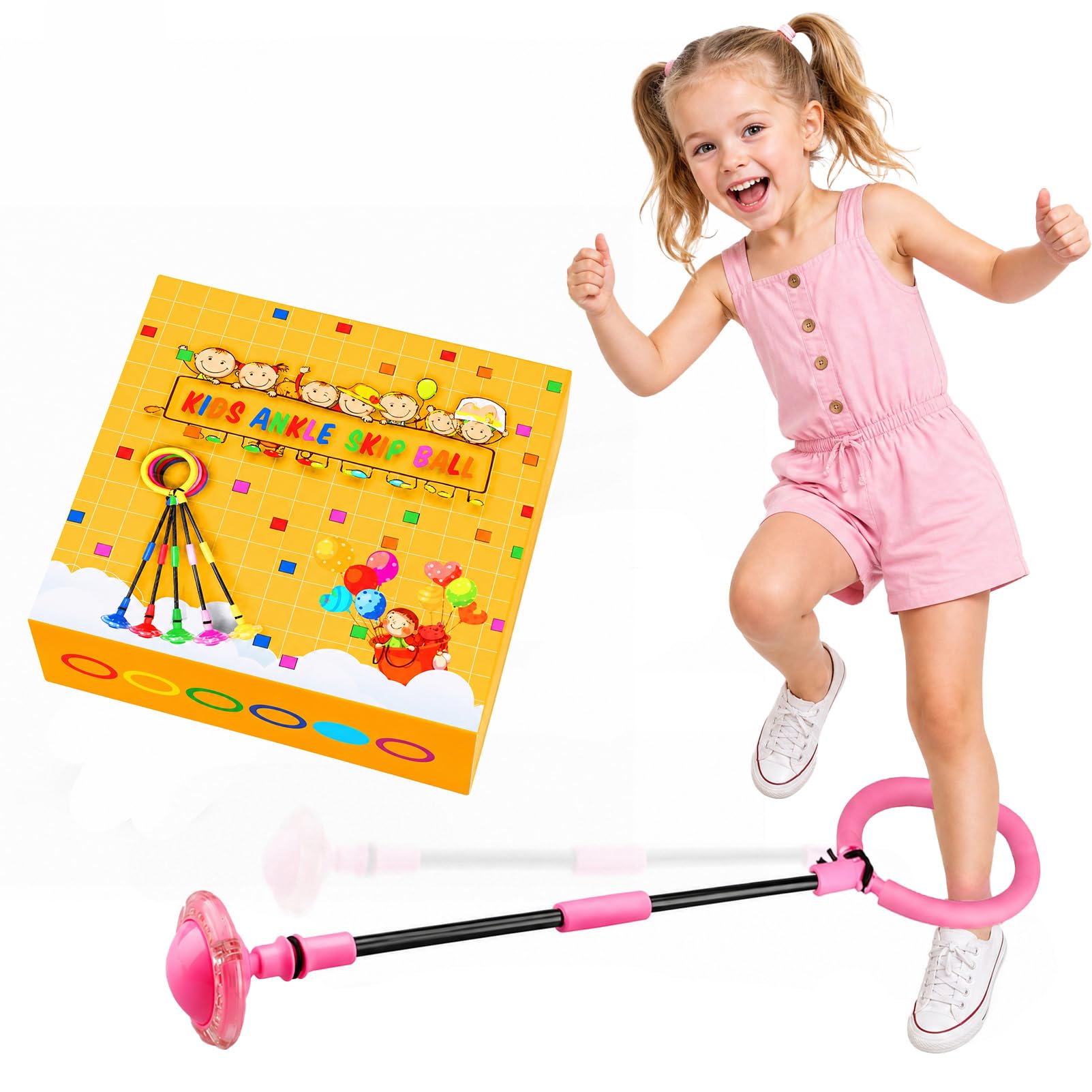 szoszo 1 Pack Pink Ankle Skip Ball with Flashing Wheels, Foldable Outdoor Sports Toy, Fun Garden Games for Kids Girls Birthday Gifts Age 5 6 7 8 9 10+