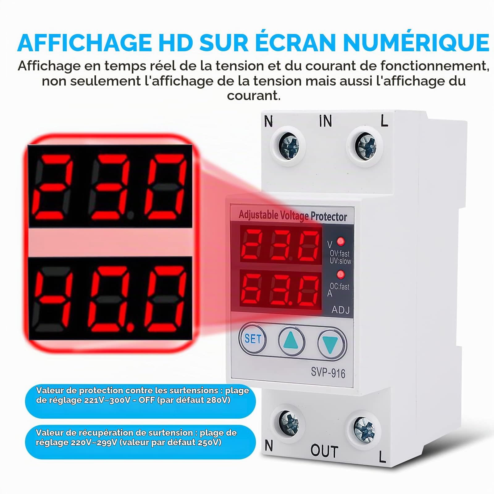 Protecteur de Courant de Tension,Protecteur de Tension Intelligent monophasé,Protecteur de Courant de sous Tension de surtension réglable monophasé Intelligent 230V AC,Installation sur Rail DIN(40A)