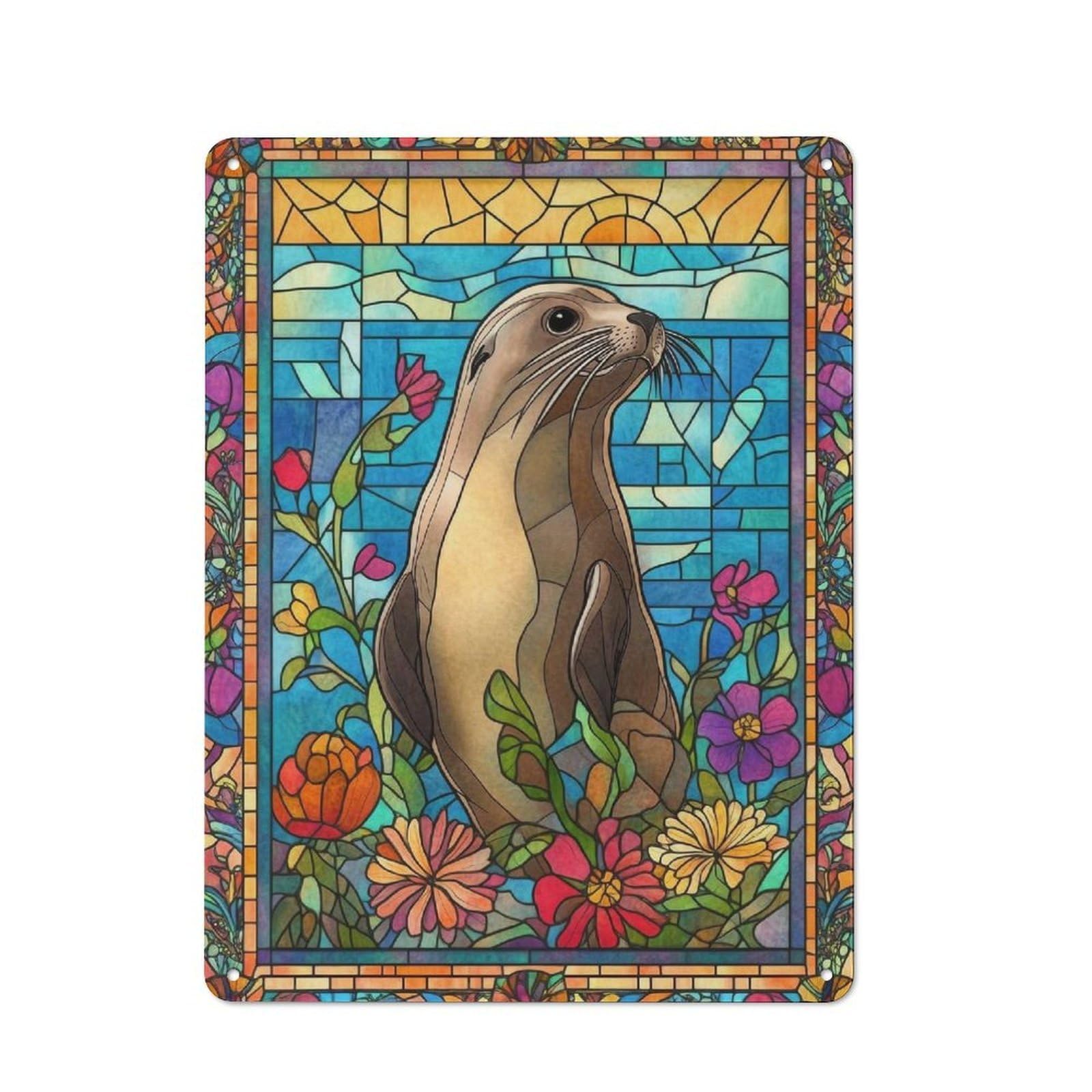Junmoney Sea Lion Stained Glass Rustic Metal Sign 40X30cm For Lounge Or Reading Corner, For Reading Corner Decorators