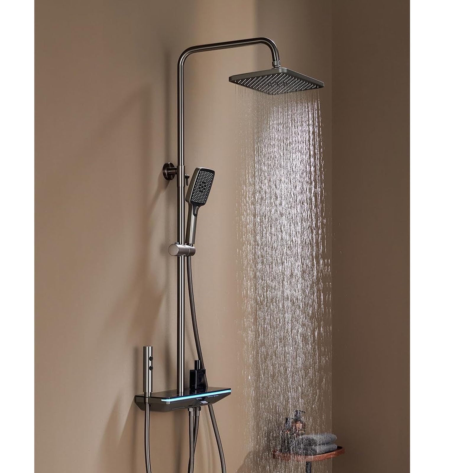 Set Doccia termostatico Grigio con Rubinetto a Parete con soffione a Pioggia ad Alta Pressione da 12", beccuccio per Vasca, doccetta Bidet, doccetta a 3 modalità