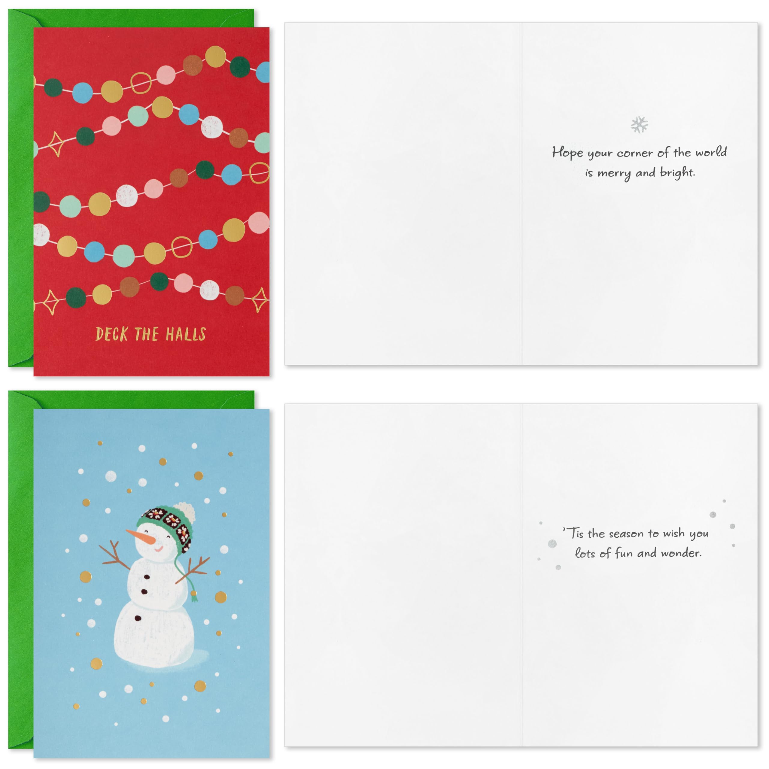Hallmark Assortiment de cartes de Noël en vrac, icônes ludiques (72 cartes et 72 enveloppes) Joy to the World, Deck the Halls, bonhomme de neige, cacao, pommes de pin, arbre