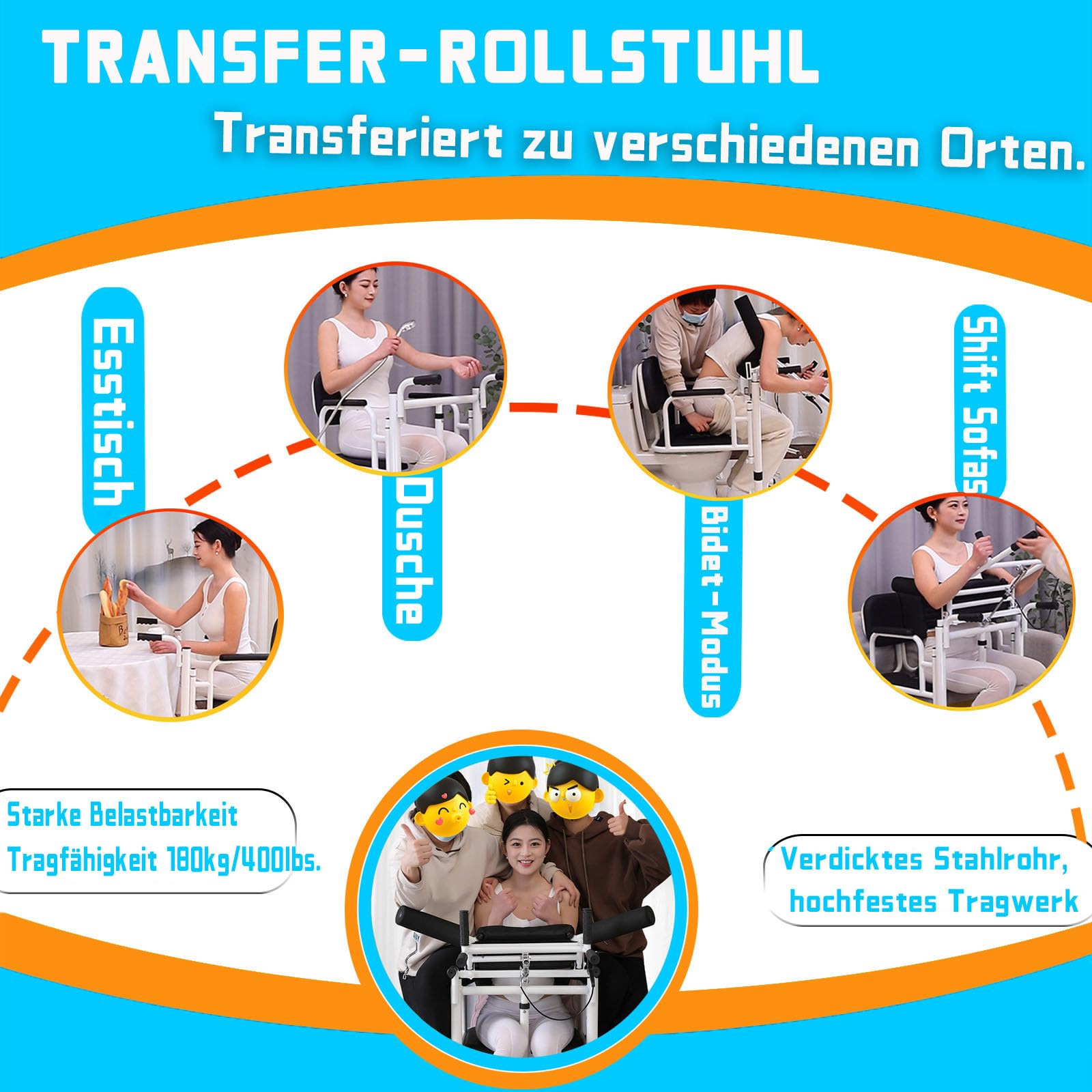 Limit wagi wózka inwalidzkiego pacjenta 180 kg, podzielone siedzenie 180° / regulacja wysokości podnoszenia pacjenta 16-61 cm, krzesło transportowe dla osób niepełnosprawnych, łazienka przy łóżku,