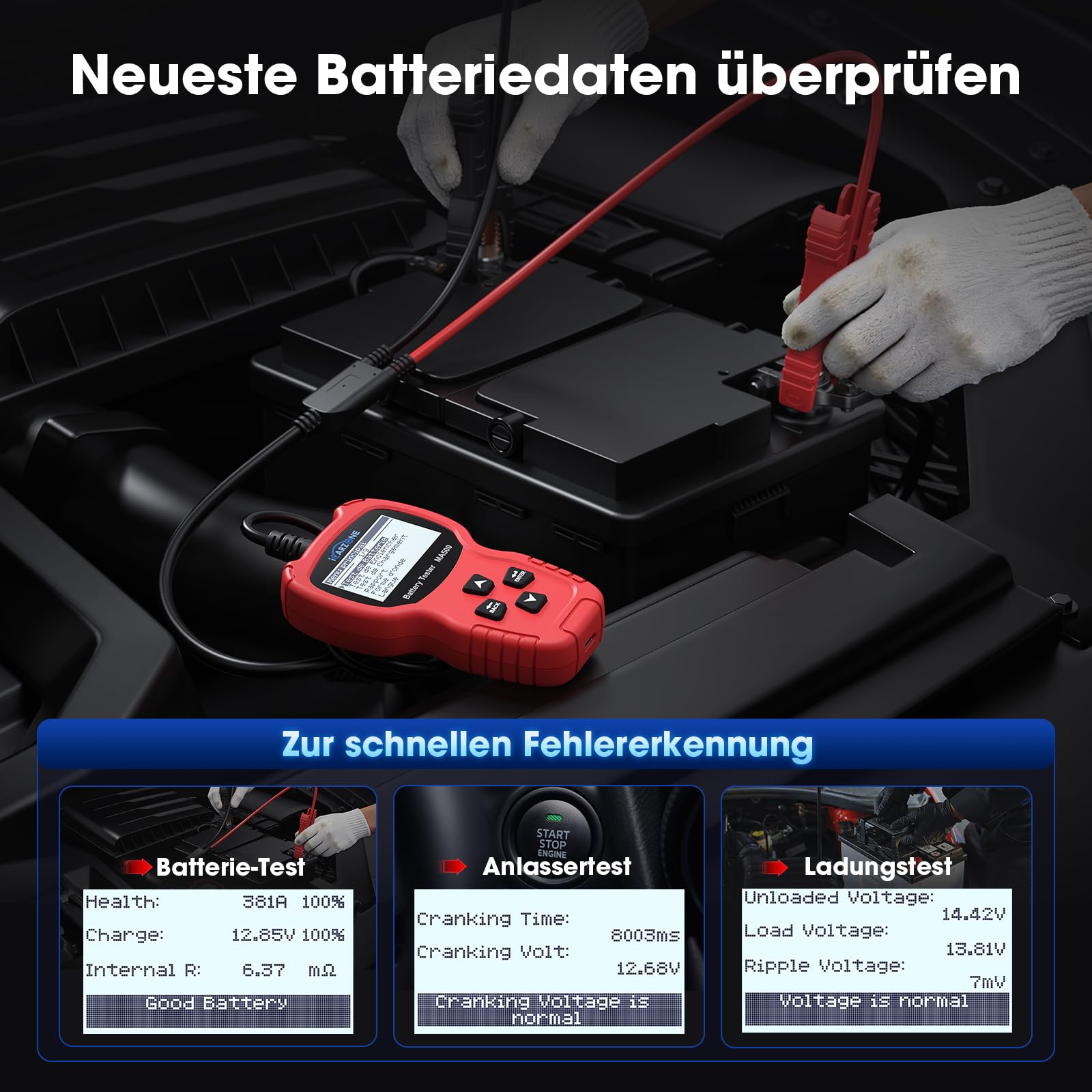 MA500 Auto Batterietester 12V/24V 100-2000CCA Spannungstester 9V - 30V Batterie Testgerät mit Entlade-, Start- und Ladetest für Auto, LKW, Motorrad, Boot, Wohnmobil, ATV, Yacht