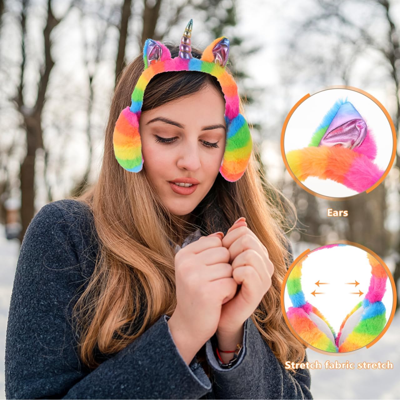 Healifty Unicorn Earmuffs Foldable Faux Fur Ear Warmers for Women Girls Winter Cold Weather Outdoor Soft Plush Ear Covers 11X6In - Image 7