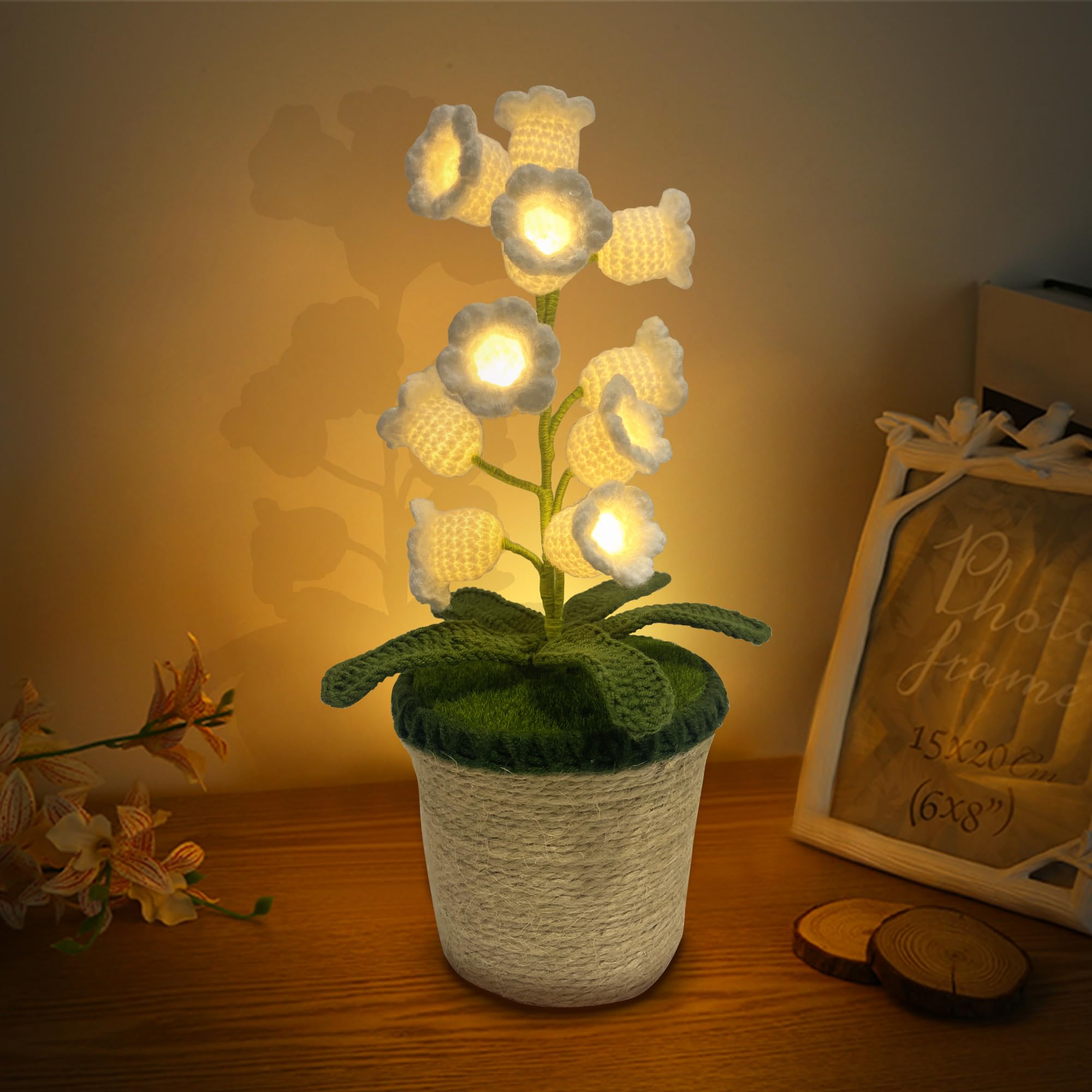 AQDZCNF Lily of The Valley Lamp Artificial Forever Flower Cute Knitted Bouquet Potted Bedside Lamps Creative Birthday Holiday Gifts Bedroom Home Decor Night Light