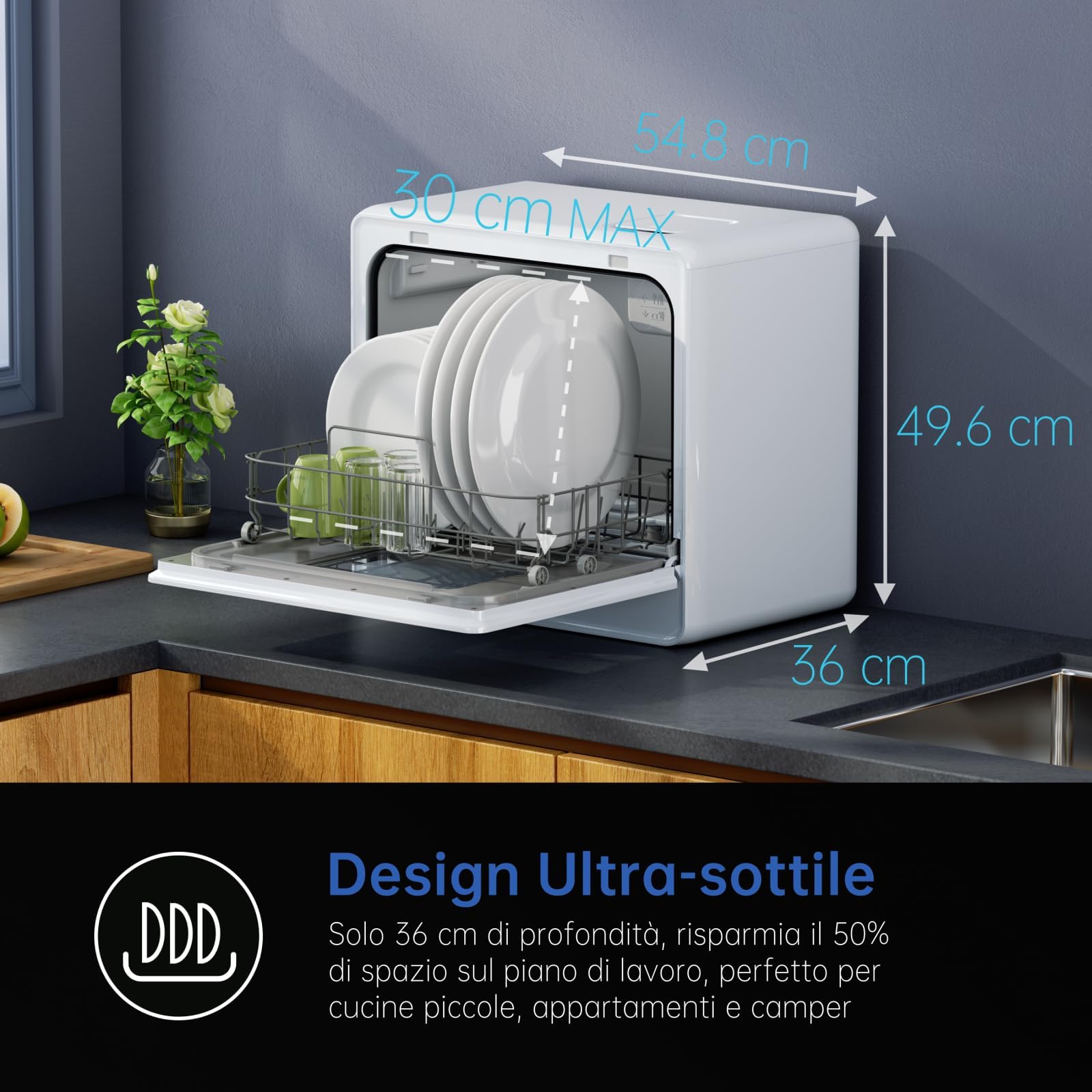 AIRMSEN Lavastoviglie da Tavolo Mini Lavastoviglie con 7+2 Programmi Funzione Sale Addolcitore Serbatoio da 5L Control Táctil & Pantalla LED, Lavastoviglie Compatta per Cucine Appartamenti e Dormitori