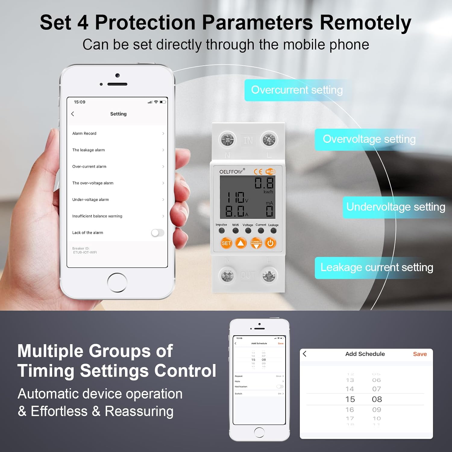 WiFi Circuit Breaker Smart Miniature Circuit Breaker - Single Phase AC85-300V 63A, Din Rail Mount, for Leakage, Over/Under Voltage and Over Current Protection (Top Input, Bottom Output) - Image 5