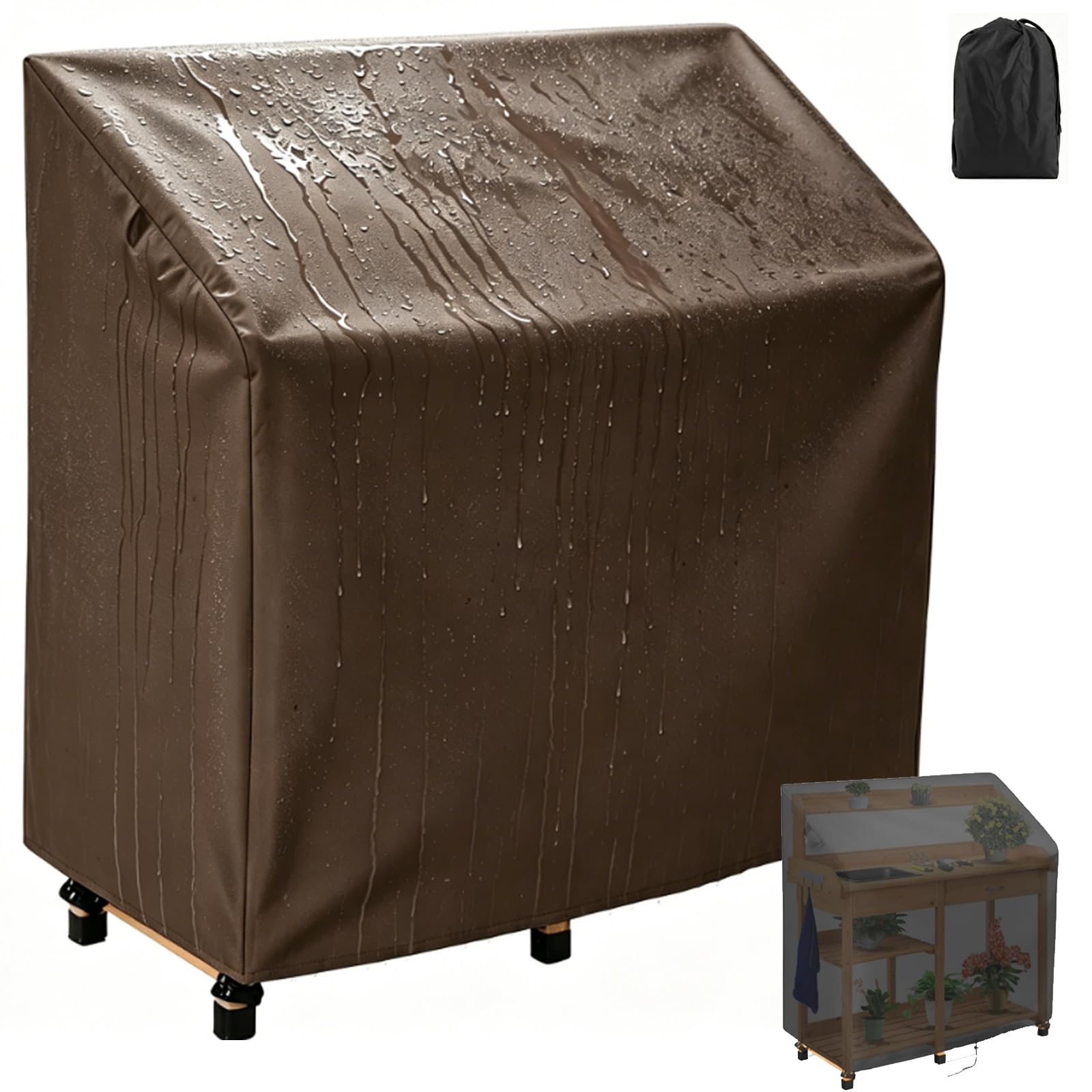 Crysterris Brown Dust-Proof Potting Table Cover,Waterproof Greenhouse Workbench Protection, 420D Oxford Tear-Resistant Planting Germination Bench Protective With Windproof Locks＆Dra(Size:420d：115*51*122Cm,Color:brown)