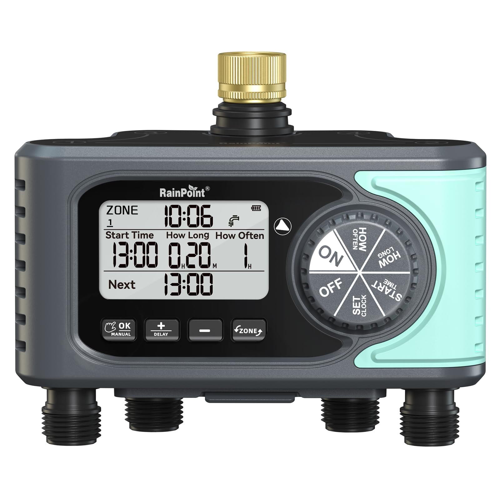 RAINPOINT Sprinkler Timer, 4 Outlets Hose Timer with Brass Inlet with Rain Delay/Manual/Automatic Controller System, Programmable Digital for Lawn Yard, 4 Zone