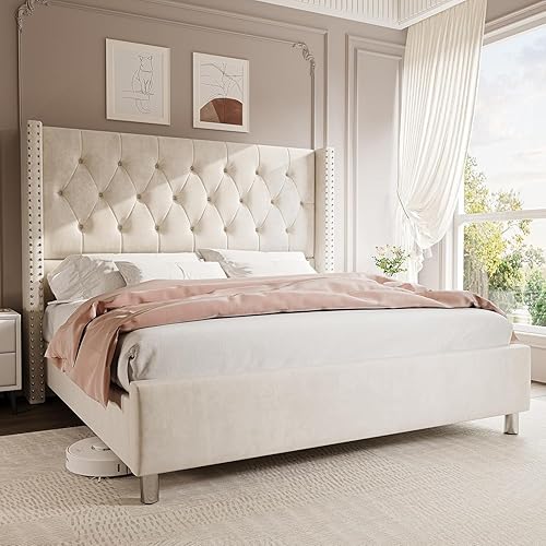 Queen Bed Frame Upholstered Bed Wingback Headboard Velvet Tufted Diamond