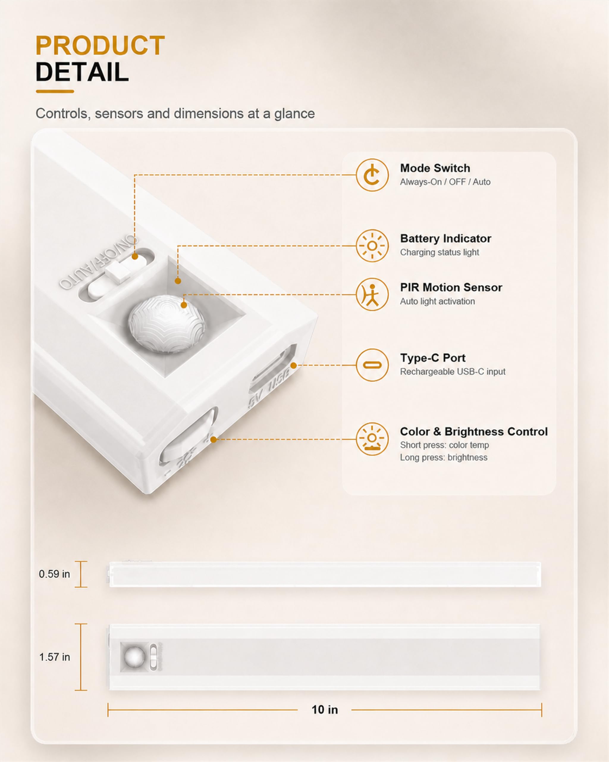 Iluminación para debajo del gabinete de 10 pulgadas, 68 LED con sensor de movimiento para interiores, batería recargable, luz magnética para armario, luces inalámbricas para debajo del mostrador para