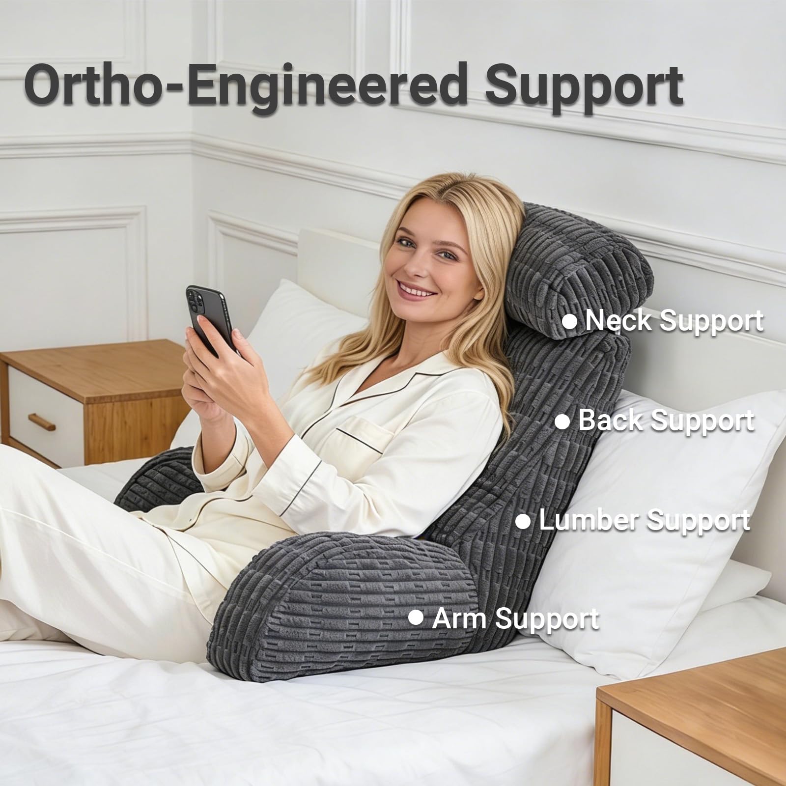 Cojín de lectura para cama y sofá, cojín de lectura con reposacabezas desmontable, reposabrazos y soporte lumbar, cojín de respaldo para cama para reposo en cama, descanso, lectura, trabajo en el
