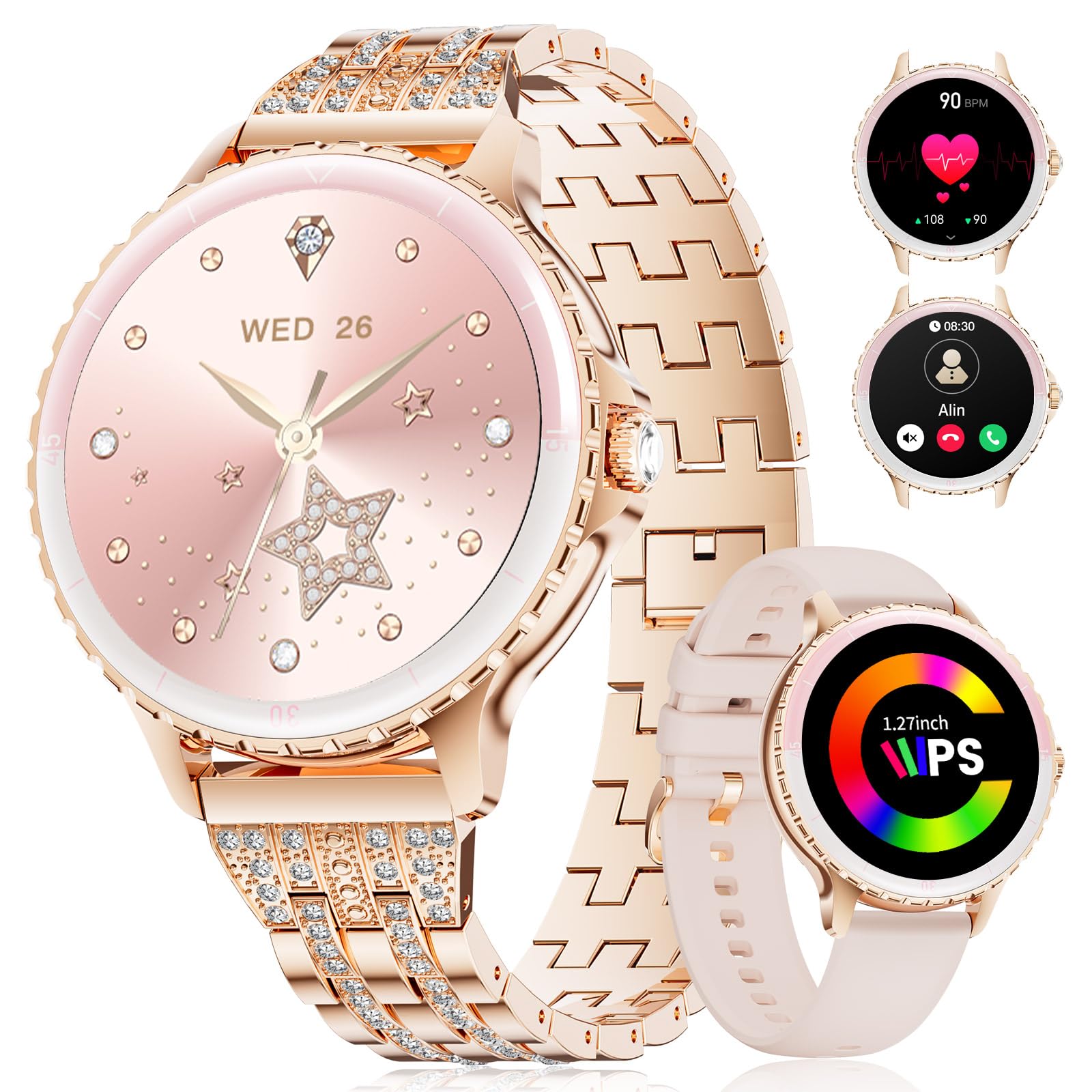 LIGE Smartwatch per Donna, Chiamata Telefonica, 1,27 Pollici HD, Rotondo, Elegante, Oro Rosa, Acciaio Inossidabile, Diamante, Smartwatch Donna, per Android iOS, 100+ Modalità Sportive, Frequenza
