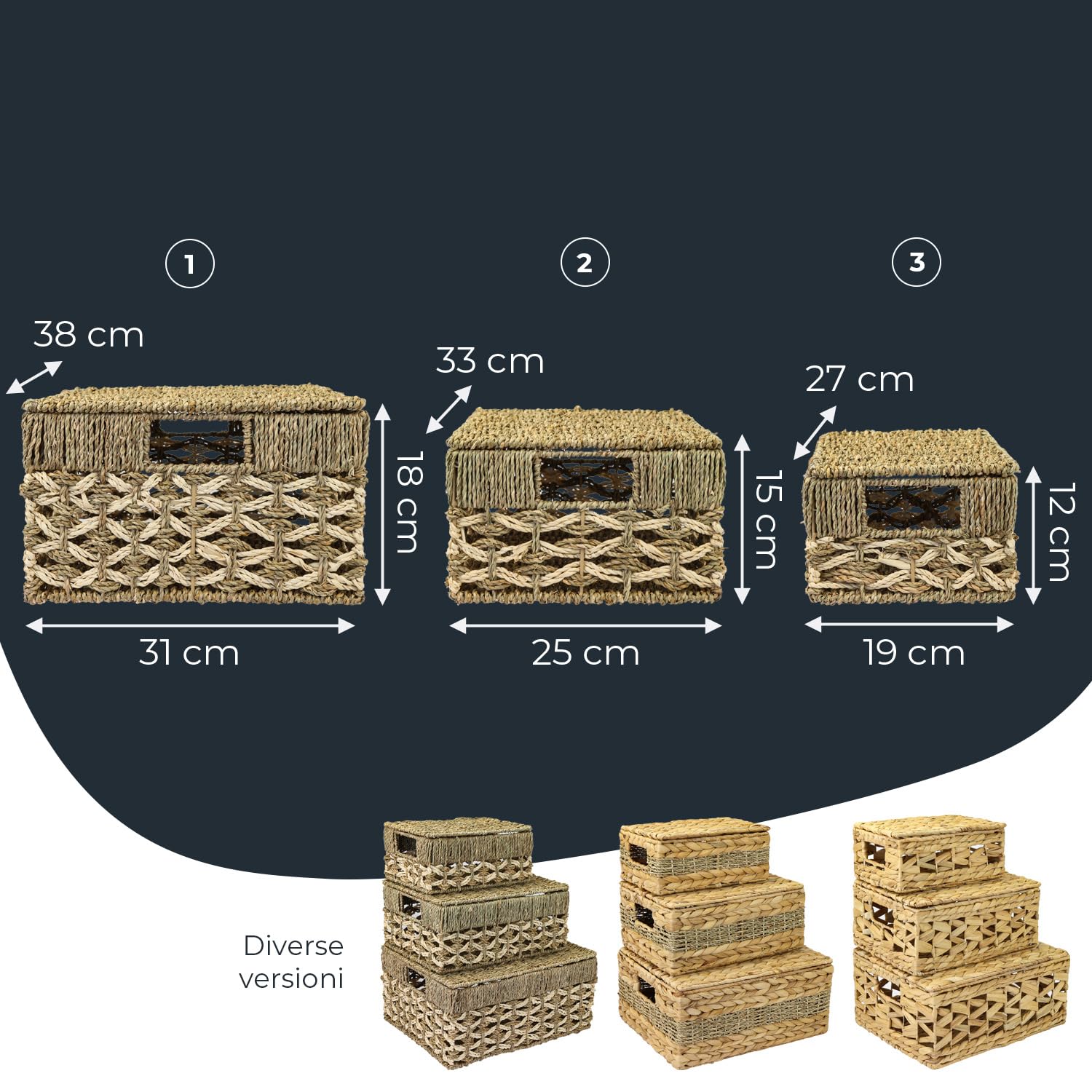 HMF Set di 3 cestiono portaoggetti con coperchio, Cestini intrecciato in alghe marine e foglie di palma | piccolo, medio, grande
