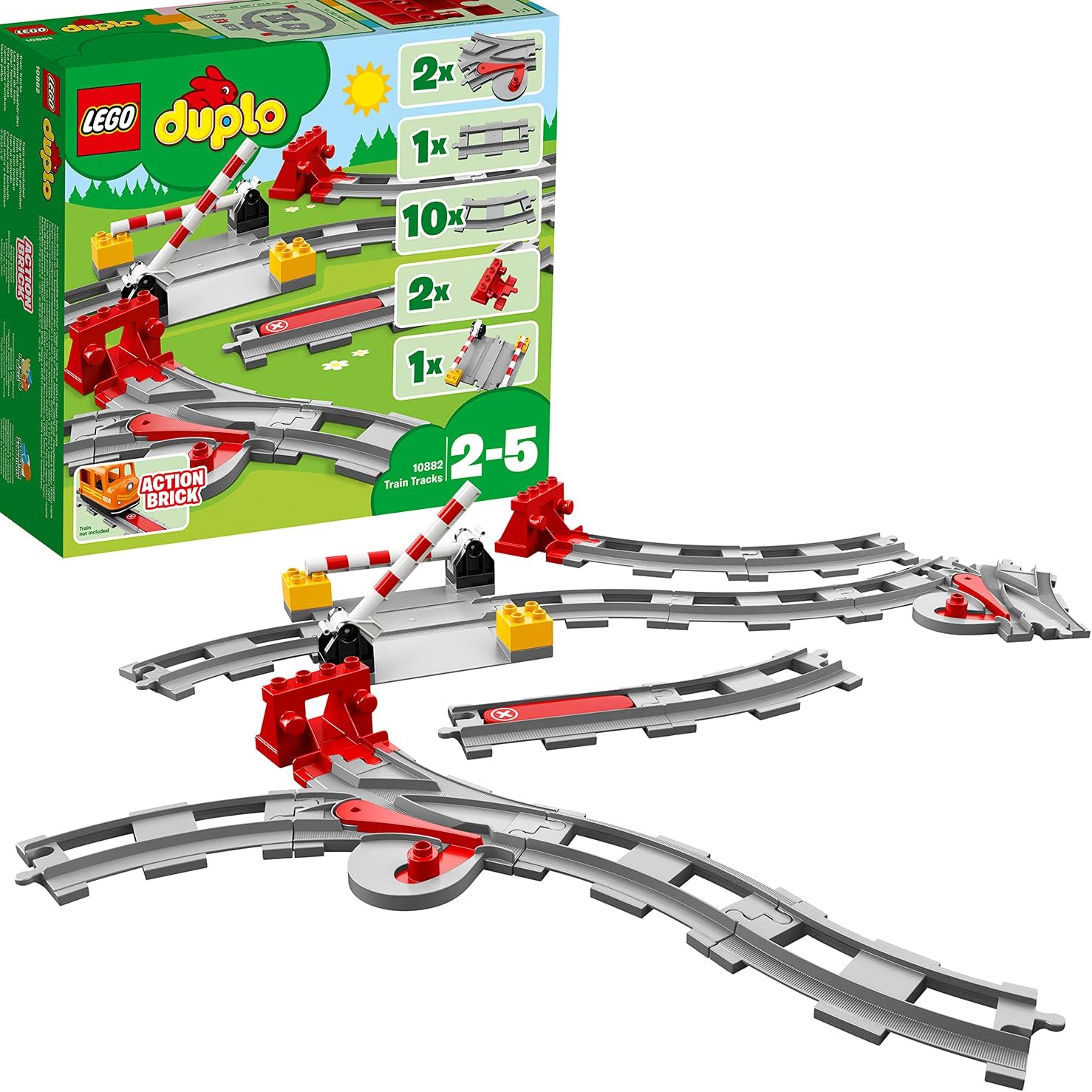 LEGO DUPLO Town Train Tracks Expansion Set, Building Toys for Toddlers with Red Action Brick, Gifts for 2-5 Year Old Boys and Girls 10882
