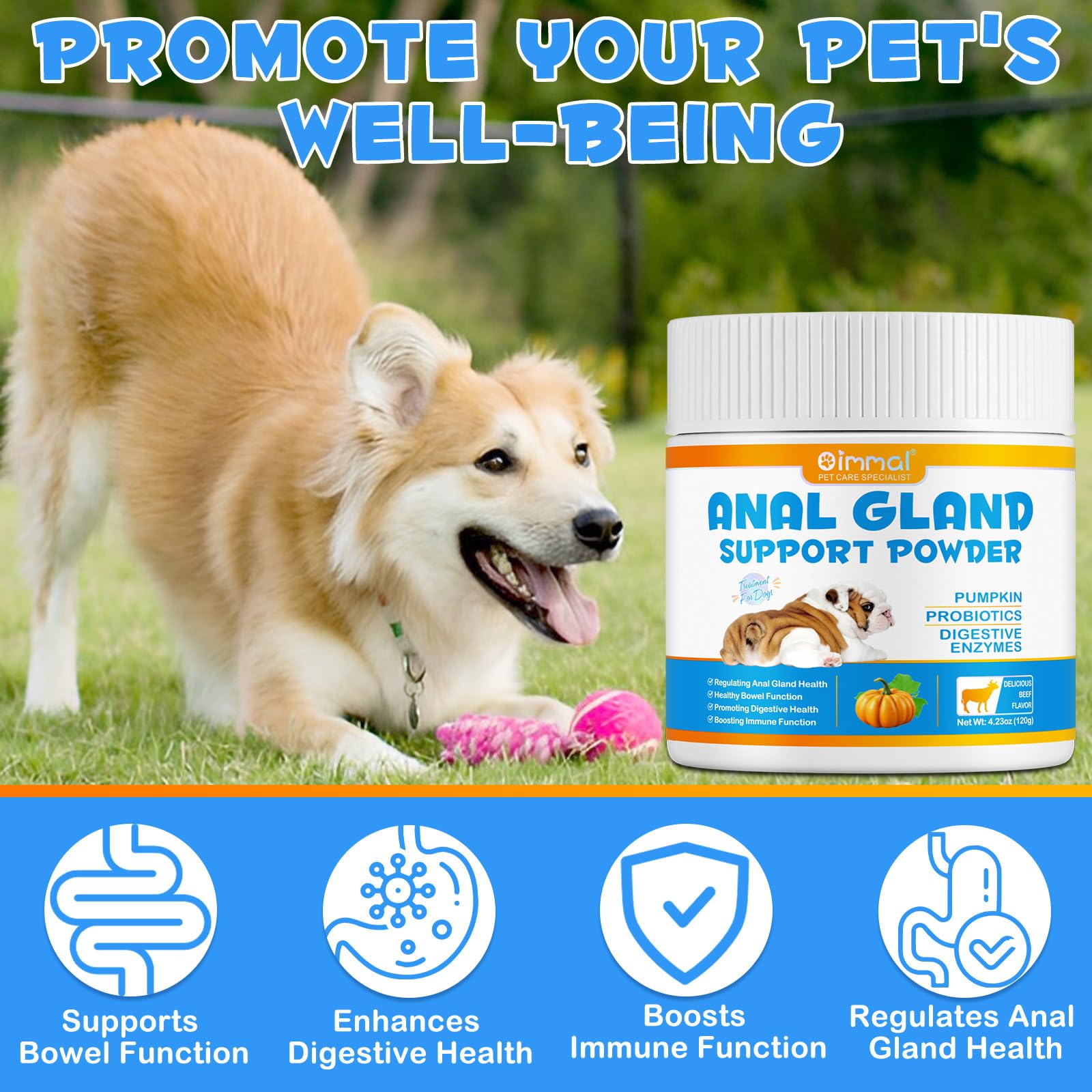 Dog Anal Gland Support Powder 120G, Supplément De Fibres en Poudre pour Le Soutien De La Glande Anale, Supplément De Fibres en Poudre Enrichi De Concombre, Probiotiques Et Enzymes Digestives