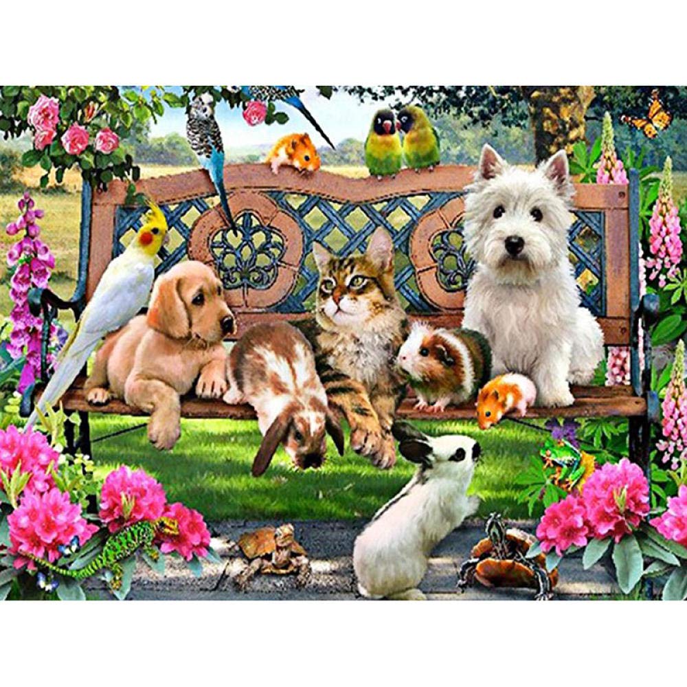 BKBCIX 5D DIY Diamond Painting Kit Full Drill Garden Bench Puppy Kitten Crystal Rhinestone Embroidery Painting Cross Stitch Arts Crafts 50x70cm Paint by Number Art Crafts for Wall Decor