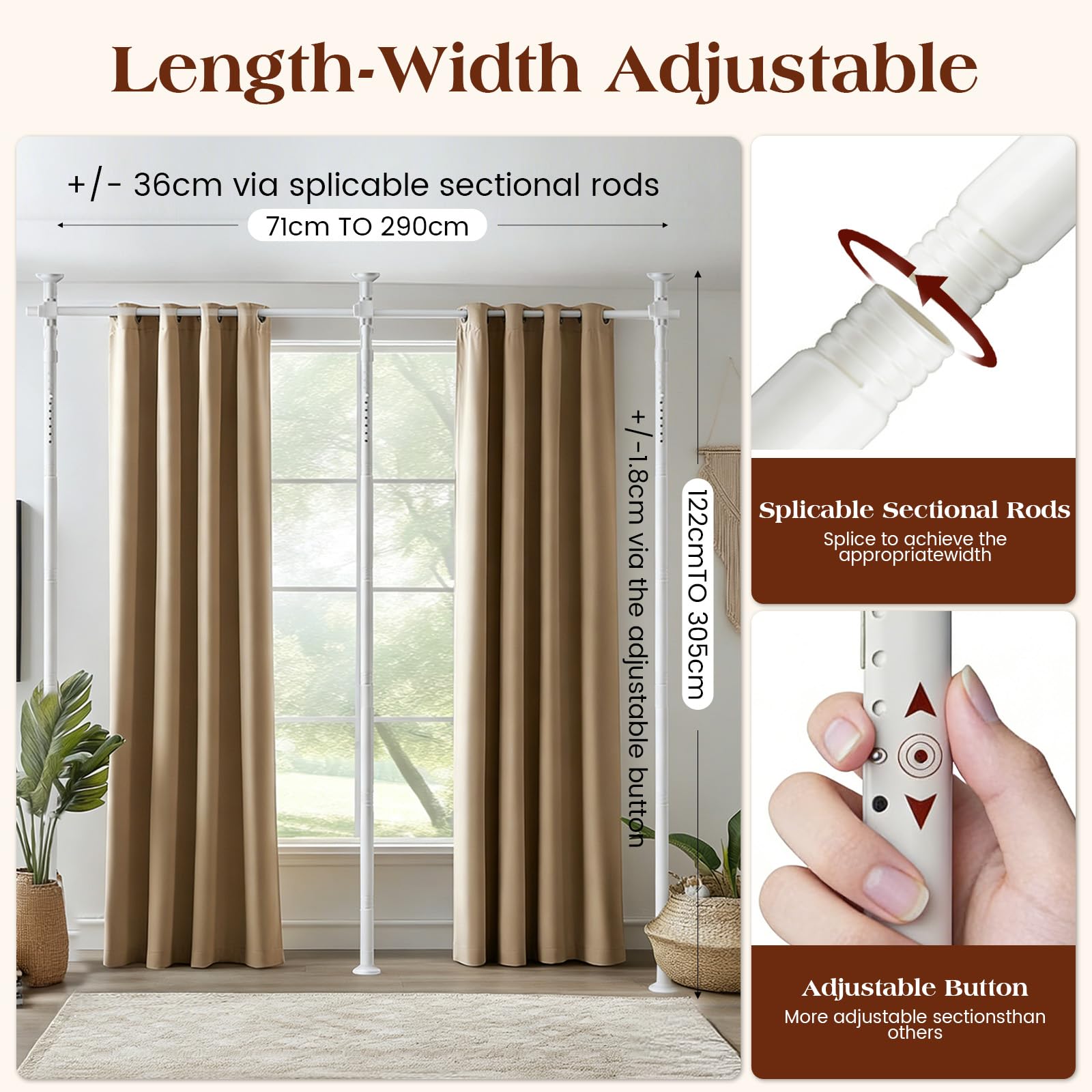Bastone Per Tenda Divisoria,122-305 Cm (A) X 71-178 Cm (L),Facile Da Installare,Regolazione Flessibile, Divisorio Senza Fori Per Soggiorno,Camera Da Letto,Immobile In Affitto