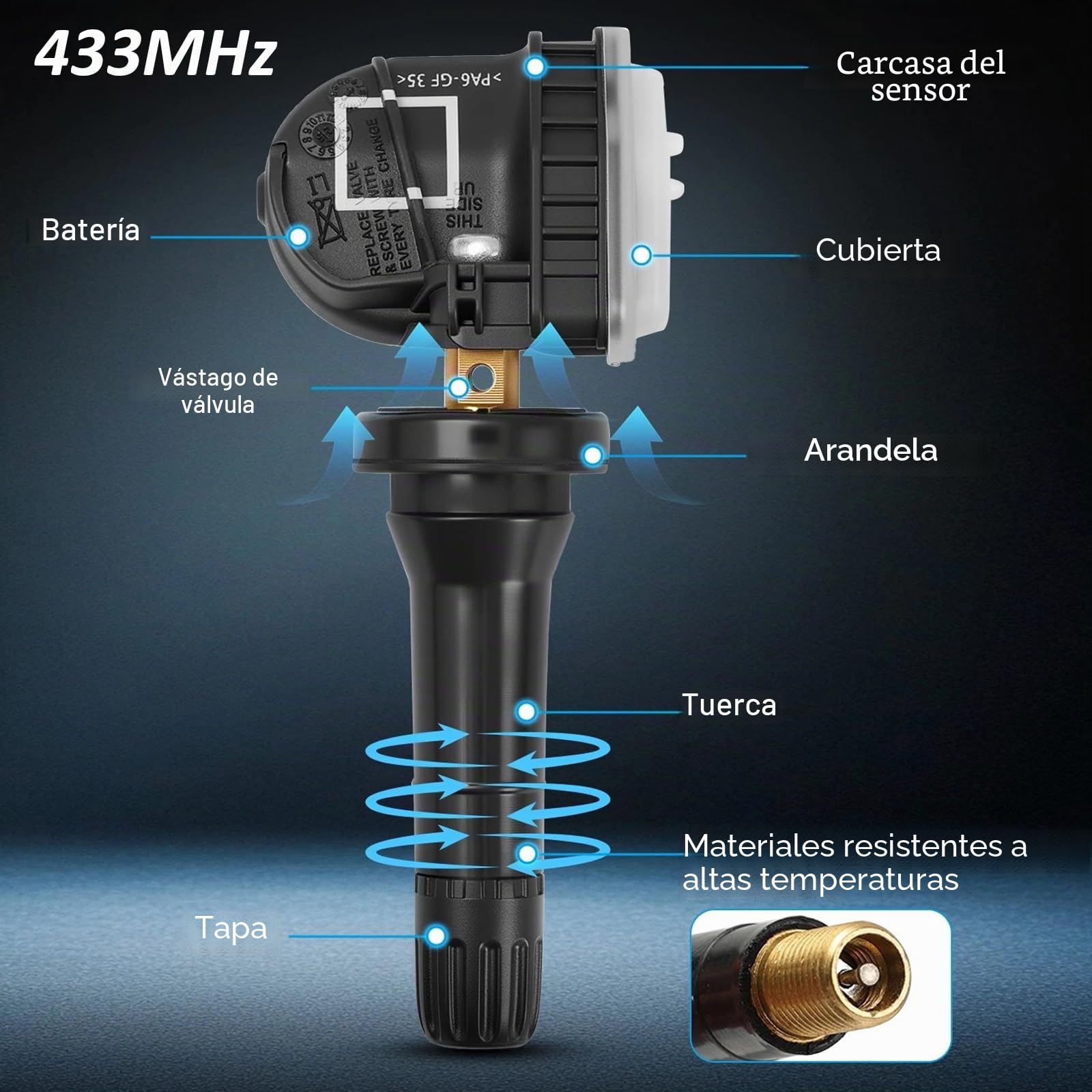 4 sensores de presión de neumáticos de 433 MHz EV6T-1A180-CB/DB Sensores de repuesto para Opel, Ford Focus, Fiesta, B-Max, C-Max, Kuga, Mondeo, Ecosport y LCV Transit.