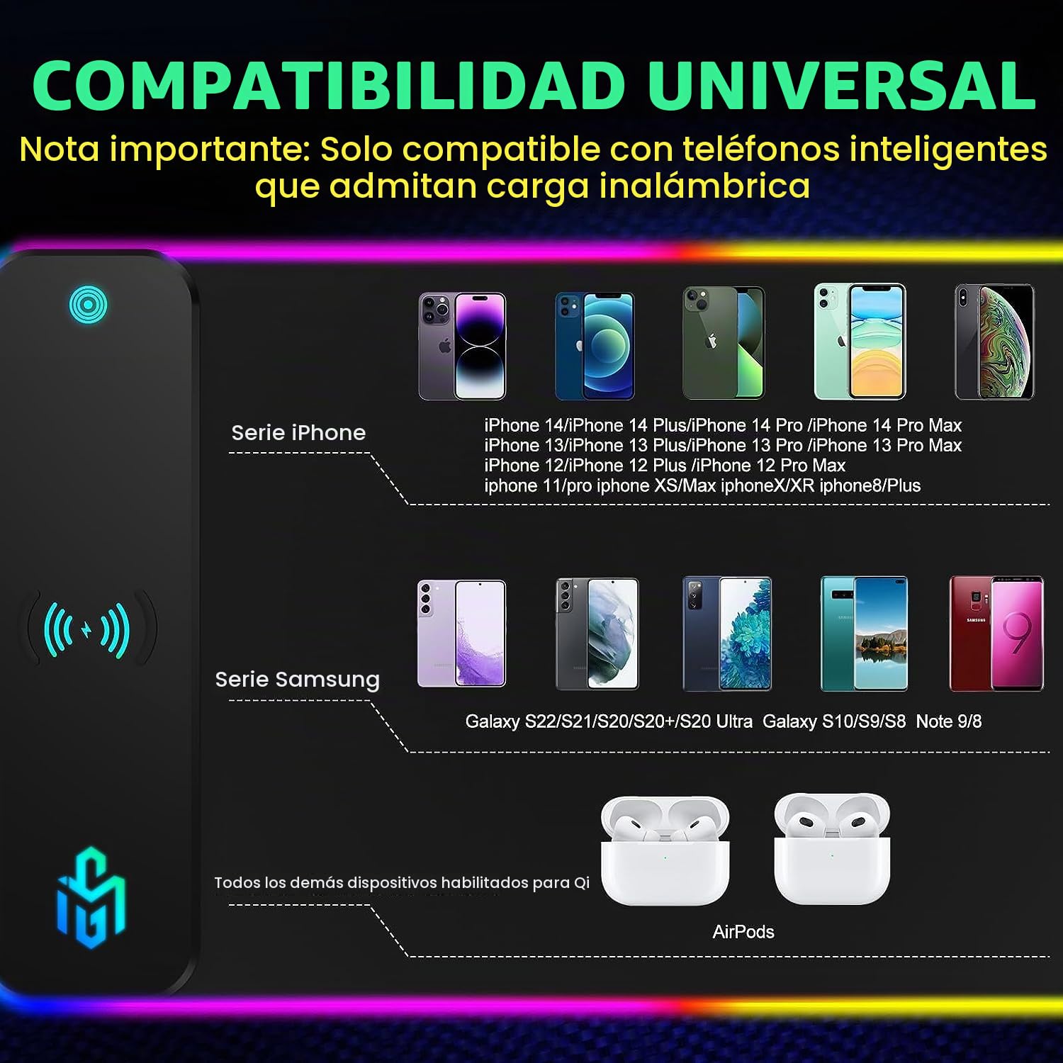 GIM 10W Wireless Charger Extended RGB Mouse Pad, Antideslizante Base de Goma 10 Modos de iluminación 4mm Ultra Grueso para Samsung Galaxy S10/S9/S8 Plus Note 9/8 iPhone 8/X/XR/XS/11/11 Pro