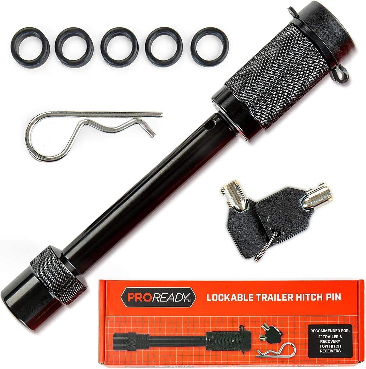 PROREADY Trailer Hitch Lock - ⅝” Locking Hitch Pin, 2 Keys - Receiver Hitch Lock with Rubber Cap - Heavy-Duty Performance for Towing