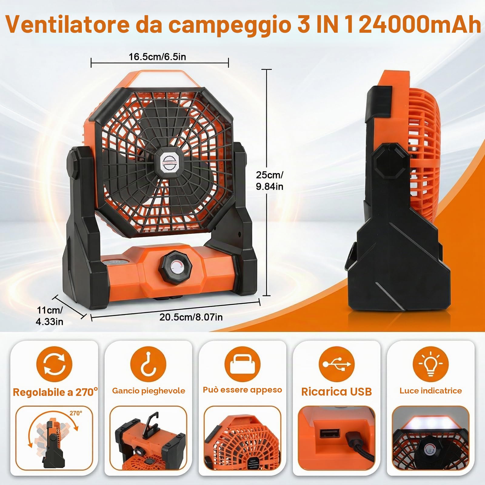 Qoosea Ventilatore da Campeggio 3 in 1 Ventilatore USB-C per Tenda 24000mAh Ricaricabile Ventilatore Portatile da Soffitto o da Scrivania con LED e Gancio per Esterno Pesca Auto Casa Ufficio BBQ