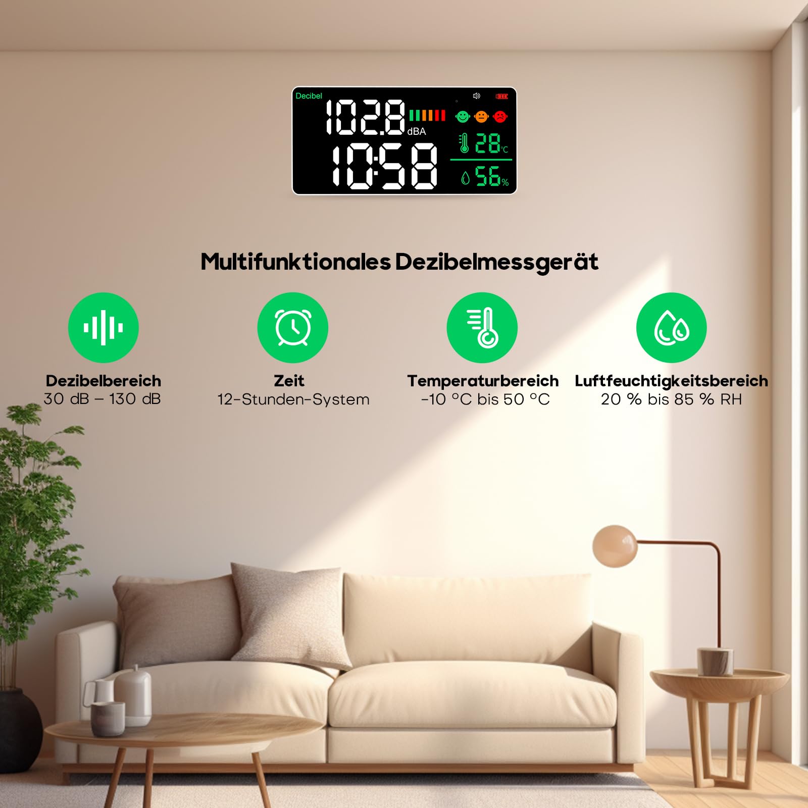 5-in-1 Dezibel Messgerät Wandmontage DB Messgerät Schallpegelmessgerät 43-130dB 11" Große LED-Anzeige Lärm-, Zeit-, Temperatur- & Luftfeuchtigkeit messgerät für Zuhause (Db Messgerät-2000mah)
