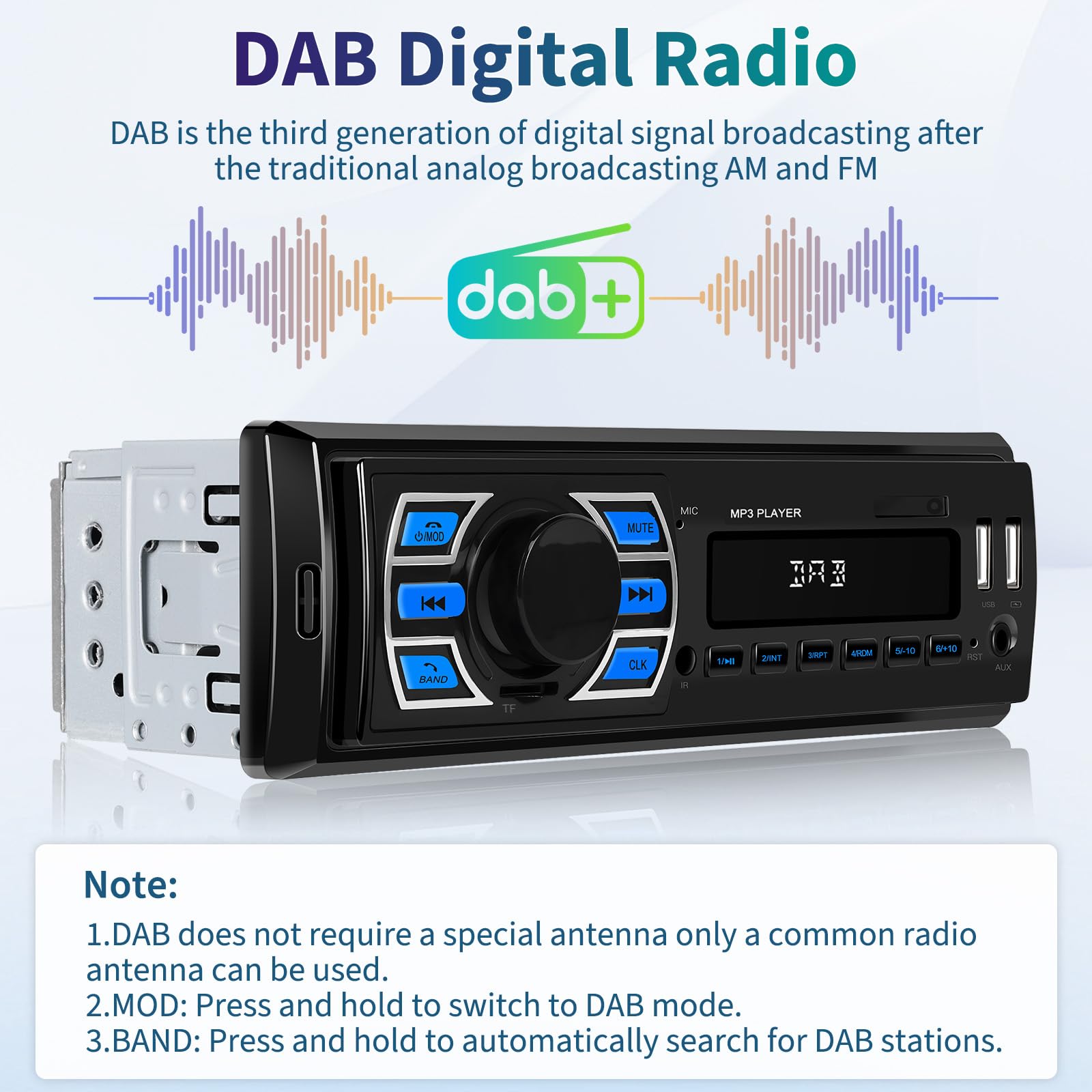 Hikity Radio samochodowe DAB/DAB+ 1Din zestaw głośnomówiący Bluetooth, samochodowy odtwarzacz MP3 obsługa ładowania telefonów komórkowych radio FM z USB AUX TF