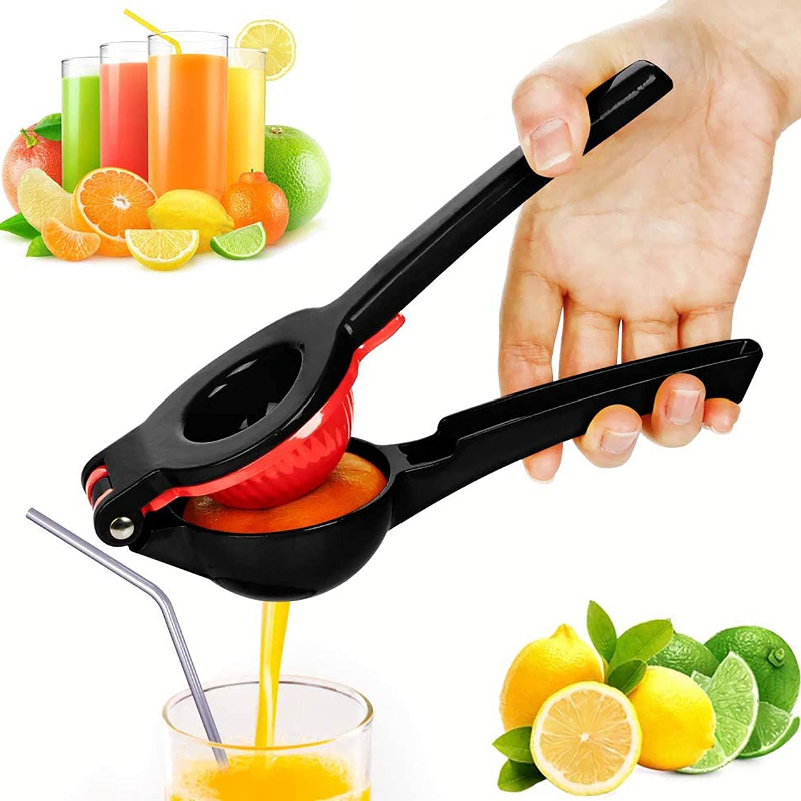 The White Shop Premium Quality Metal Lemon Lime Squeezer - Manual Citrus Press Juicer, Midnight Black and Red