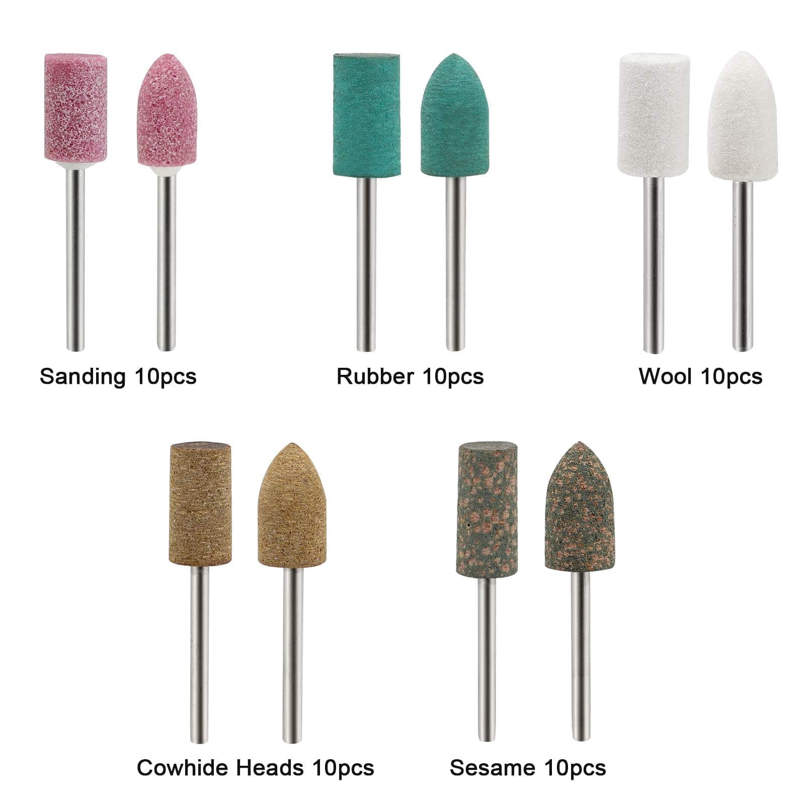 50 pièces mèches de polissage montées meulage polissage meules, outils de meulage laine/sésame/caoutchouc/peau de vache ensemble d'accessoires pour outils rotatifs tige de 3 mm