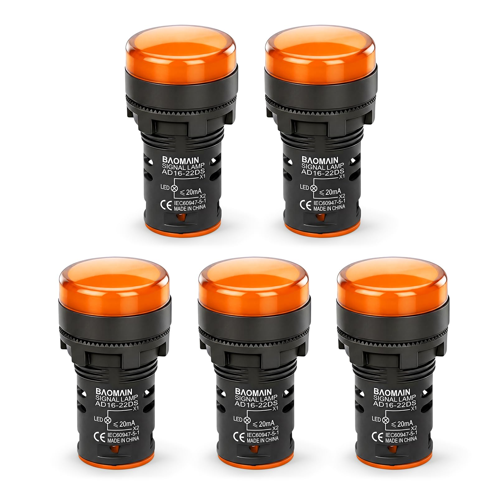BAOMAIN 110V 22mm LED Industrial Indicator Pilot Light Yellow 5-Pack