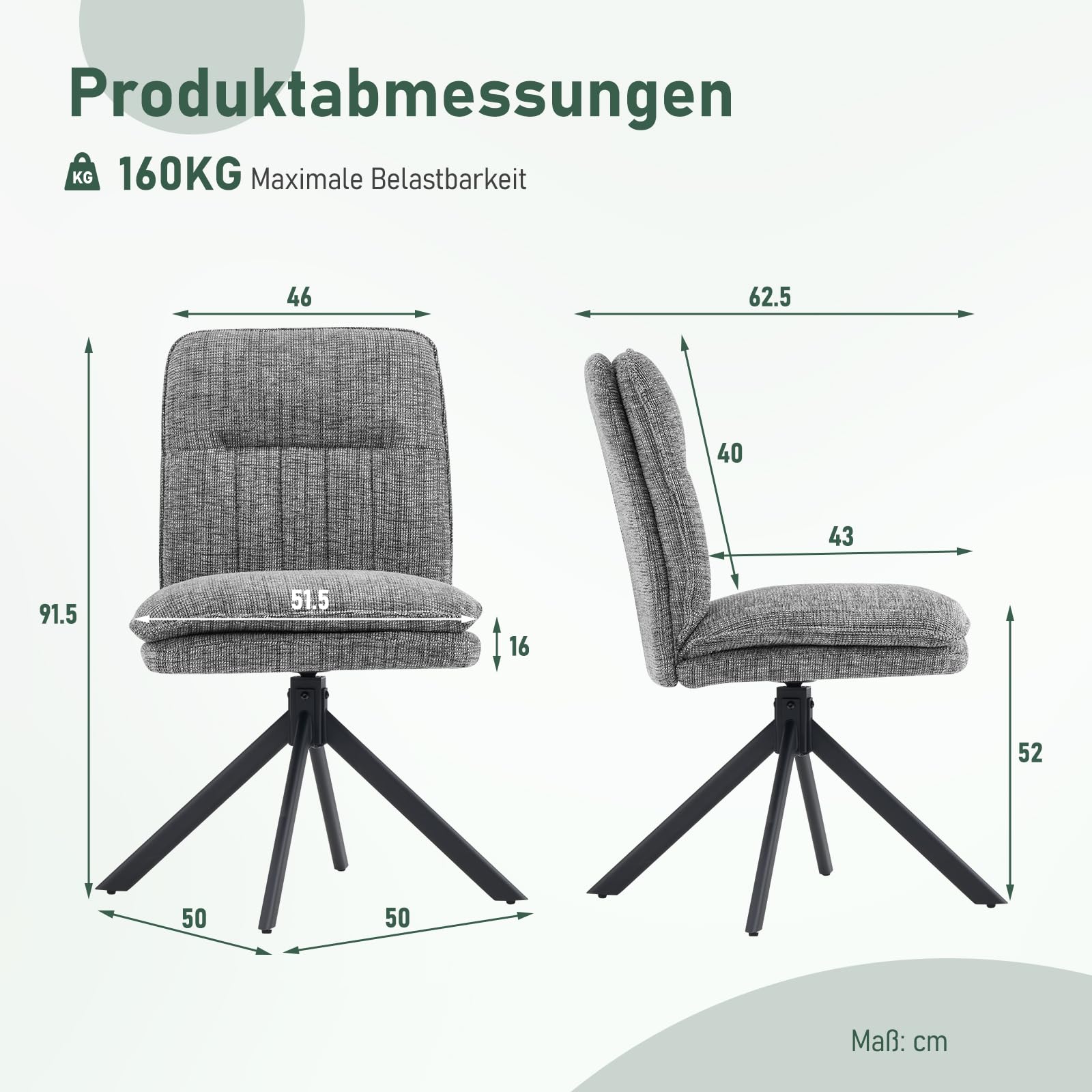 2er Set 360° Drehbar Esszimmerstühle Grau, Ohne Armlehnen, Doppelte Polsterung & Bogen-Rückenlehne, Chenille mit Drehfunktion & justierbaren Bodenschonern, Moderne Esszimmerstühle