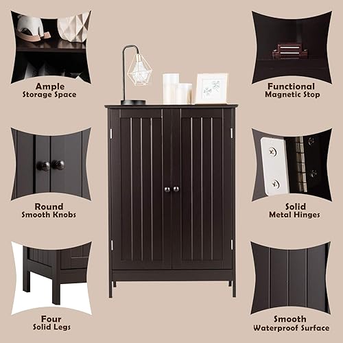 Miniatura 5 de GLACER Armario de piso de baño, armario de almacenamiento de madera con puertas dobles, adecuado para baño, sala de estar, entrada, 23.5 x 14 x 34