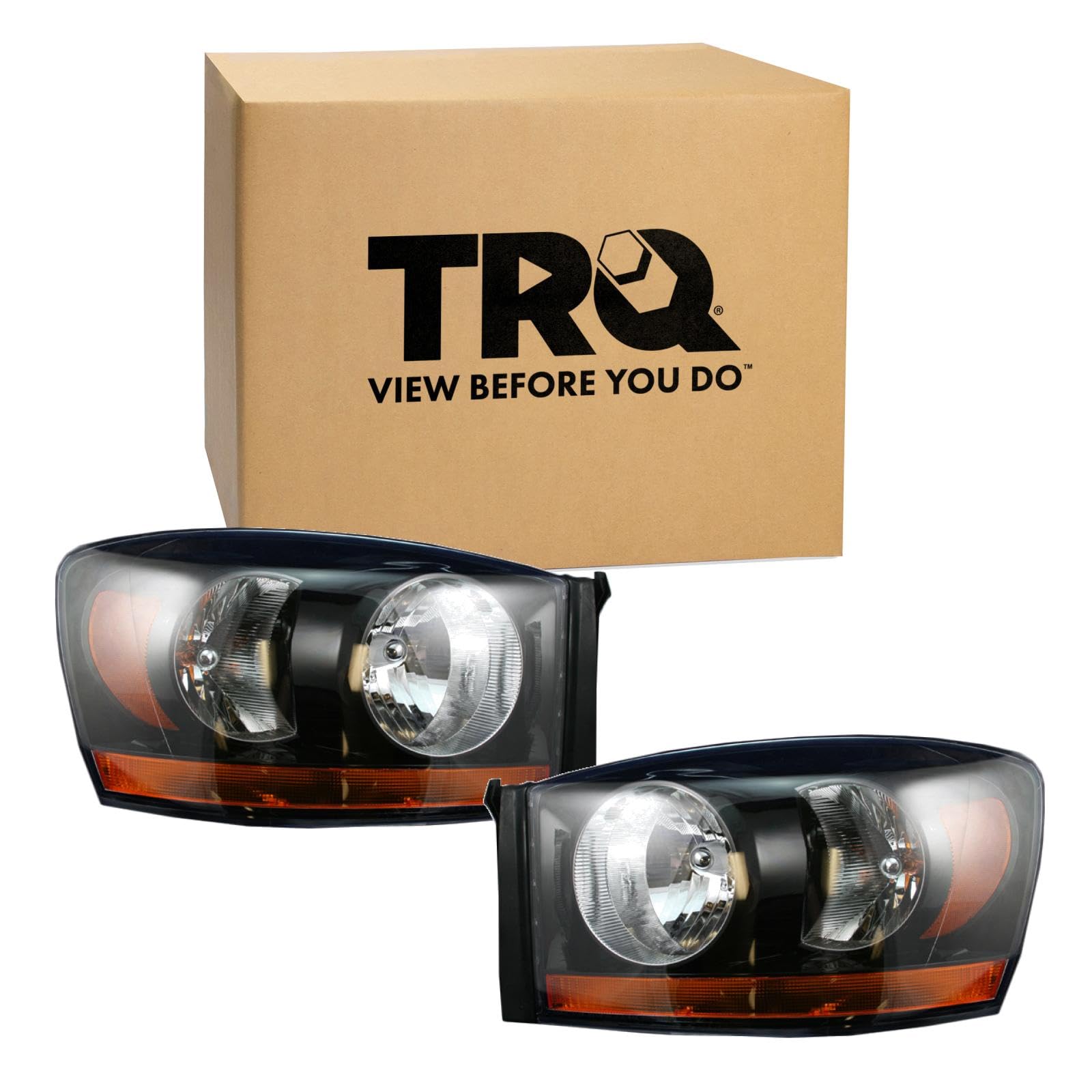 TRQ 2 Piece Headlight Assembly Set Black Bezel Driver &amp; Passenger Side Compatible with Ram 1500 2006-2008 Ram 2500 3500 2006-2009 With Amber Bar CH2518115 CH2519115 55372814AB 55372815AB