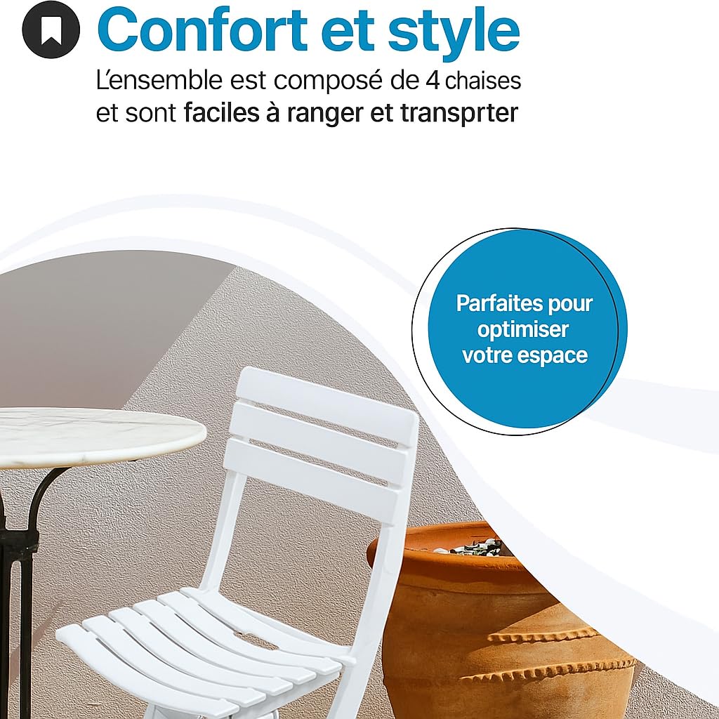 Tomaino - Chaise pliante d'extérieur en plastique - Lot de 4 chaises portables pour usage extérieur et intérieur, jardin, balcon, camping- Pratik - (nouveau blanc)