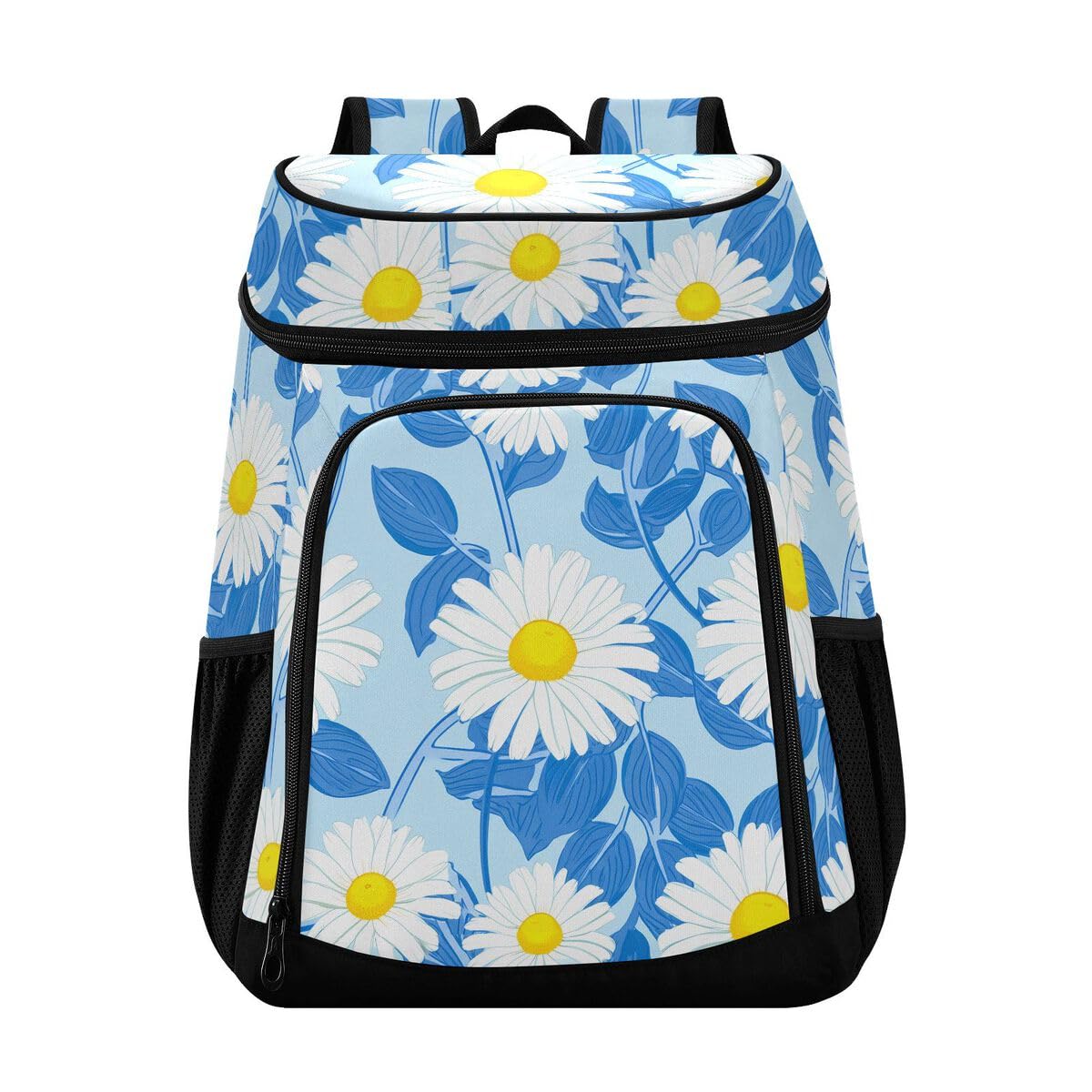 Daisy Floral Blue Cooler Backpack Leakproof Insulated Lunch Cooler Bag 30 Cans Camping Backpacks for Beach Picnic Road Trip