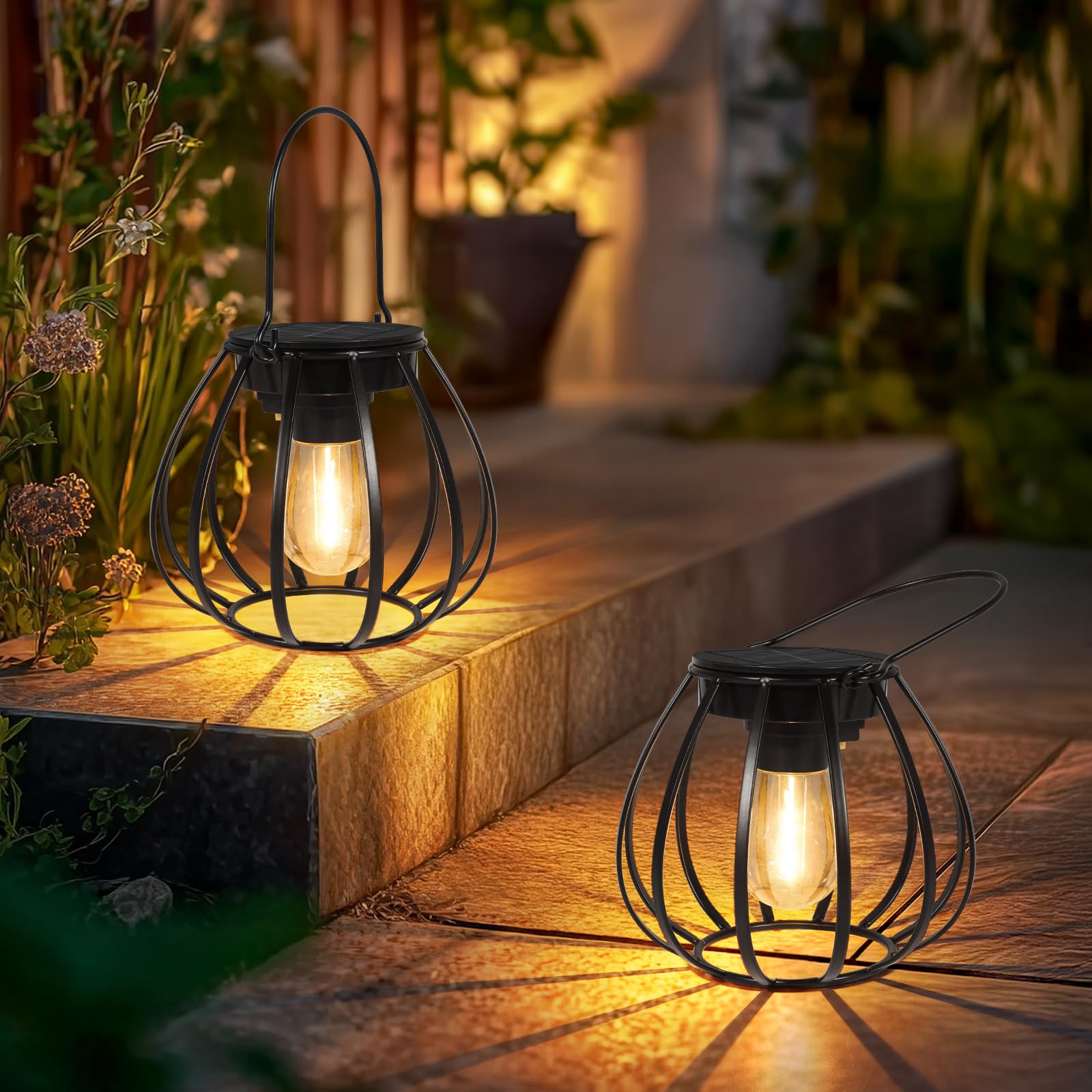 Solarlampen für Außen Hängend/Stehend 2 Stück - Solar Lampions Außen Wetterfest - Solar Laternen mit LED Glühbirne Warmweiss für Gartendeko, Balkon, Terassendeko, Camping Lampe