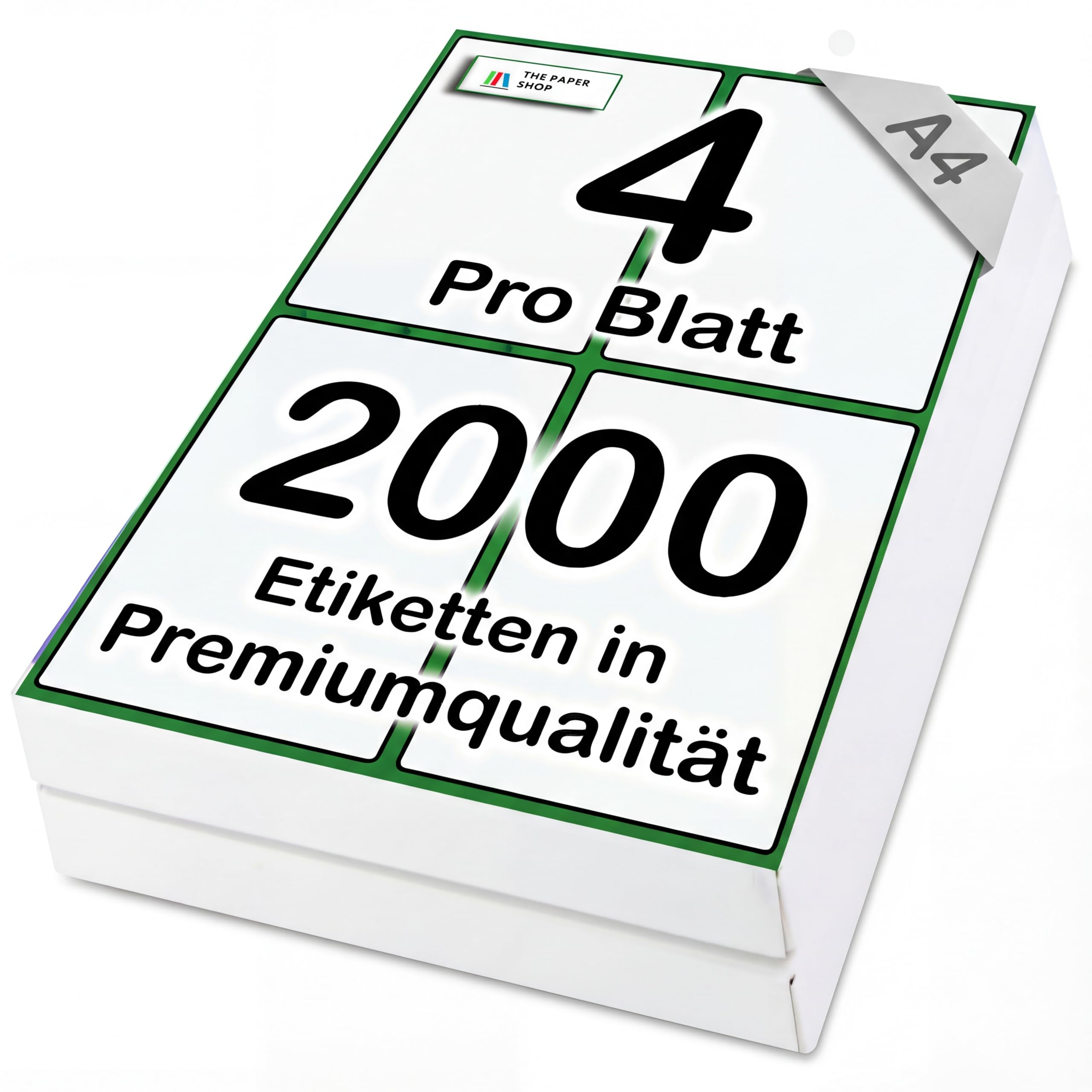 The Paper Shop Selbstklebende Etiketten A4 Vierfachbogen - 4 pro Blatt Weiß (2000 Etiketten) | Großpack Adressetiketten Bedruckbar für Laser- und Tintenstrahldrucker | Versand Paket FBA