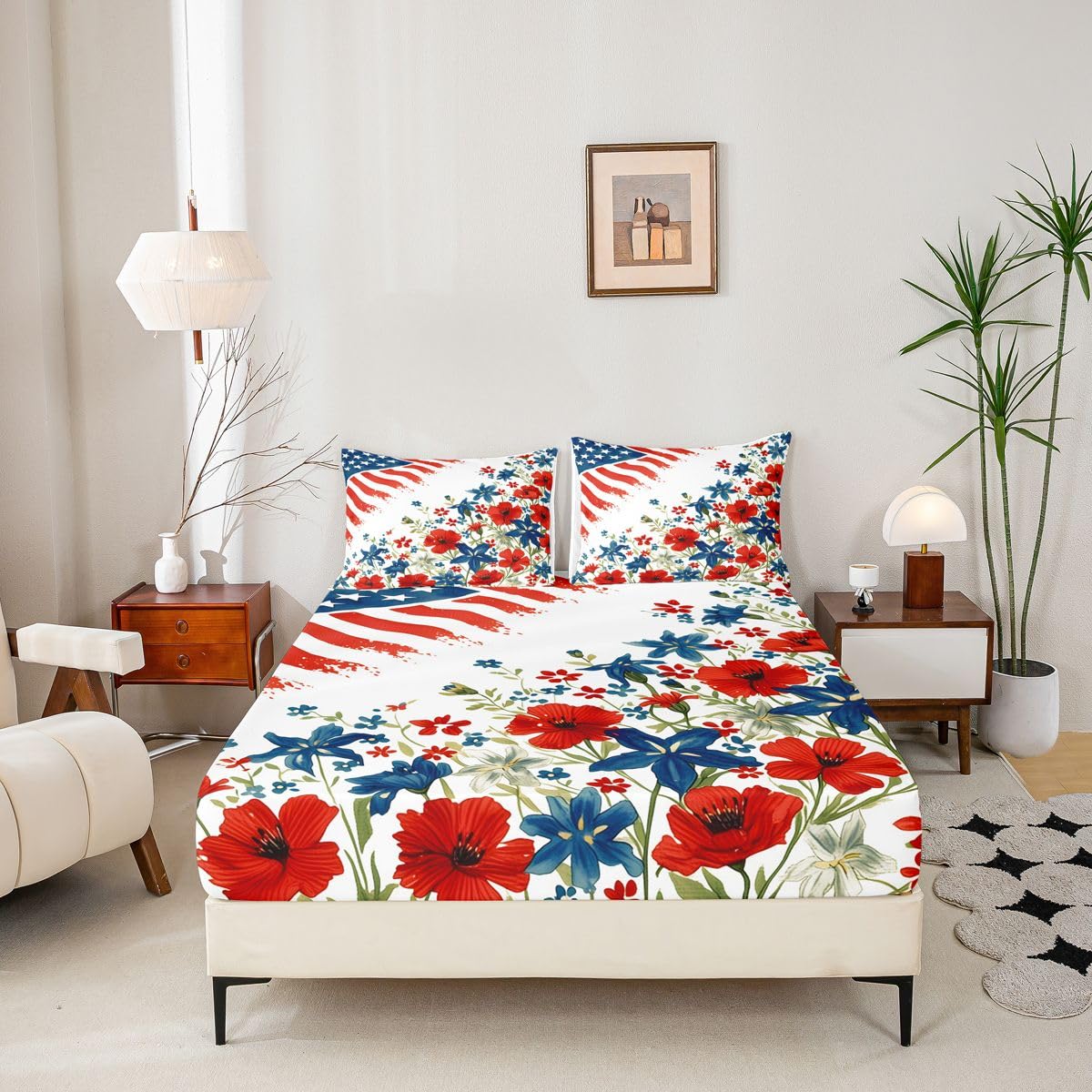 Manfei Juego de sábanas bajeras de 3 piezas con diseño de bandera estadounidense, diseño de flores de acuarela, estilo patriótico y rústico con 2 fundas de almohada, decoración de habitación infantil
