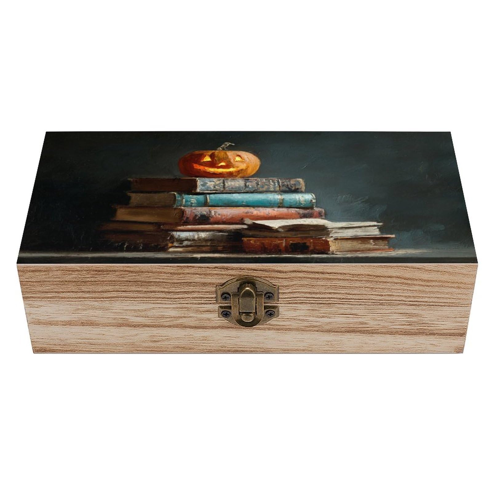 Ahdyr As Pic Vintage Books With Halloween Pumpkin Wooden Storage Box With Hinged Lid And Front Clasp Large Keepsake Box