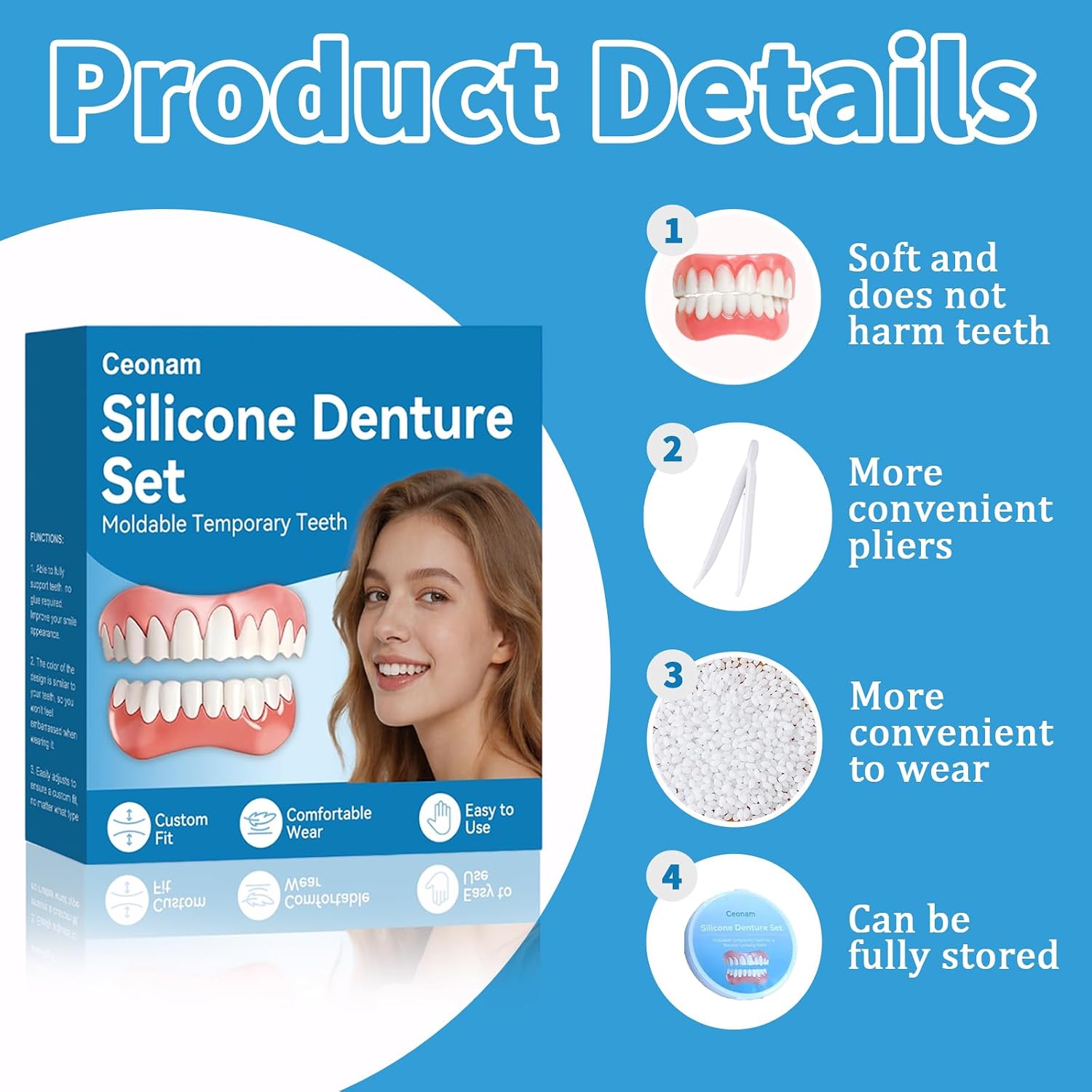 Silicone Denture Set Upper Lower Full Teeth with Dental Adhesive Beads & Tweezers in Storage Case – Temporary Teeth Kit for Men Women