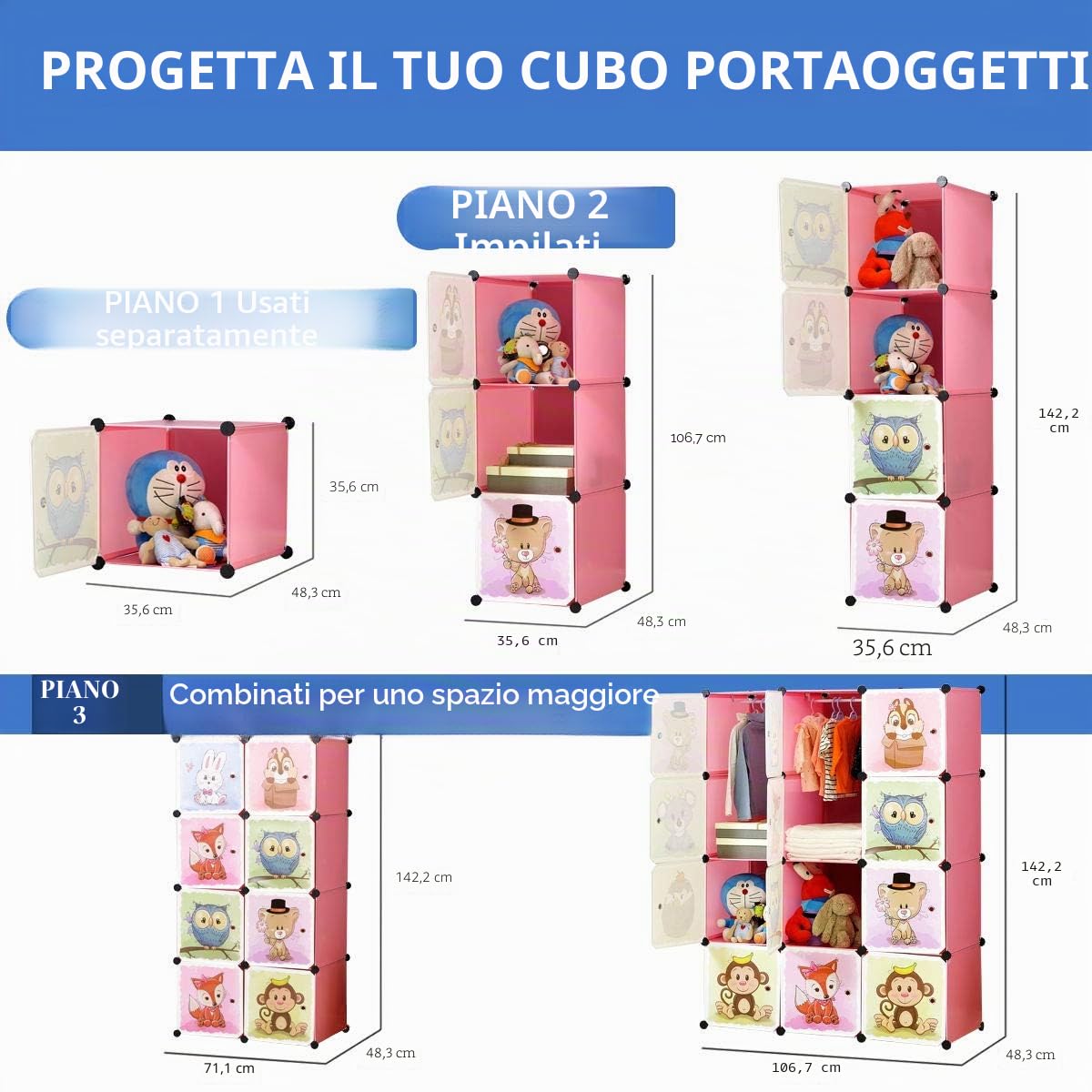 BRIAN & DANY Armadio Modulare Bambini, Portatile Guardaroba, Armadietto in Moduli Plastici, 8 Cubo e 2 Aree di Sospensione, Rosa, 110 x 47 x 147 cm