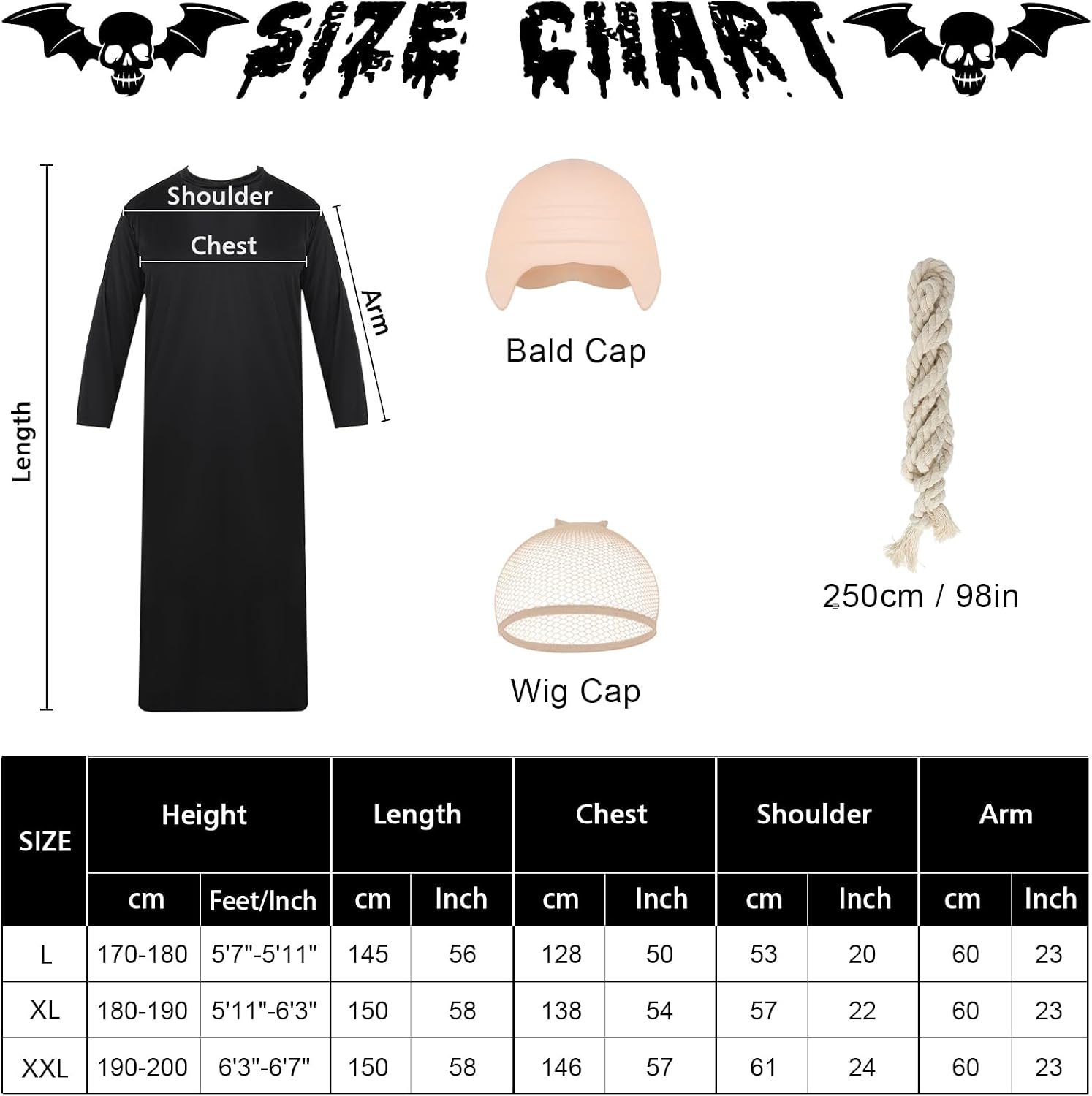 NTYNTY Men's Uncle Fester Costume Cosplay Set with Long Black Robe Cord Belt Bald Cap Wig Cap for Halloween Costume Party