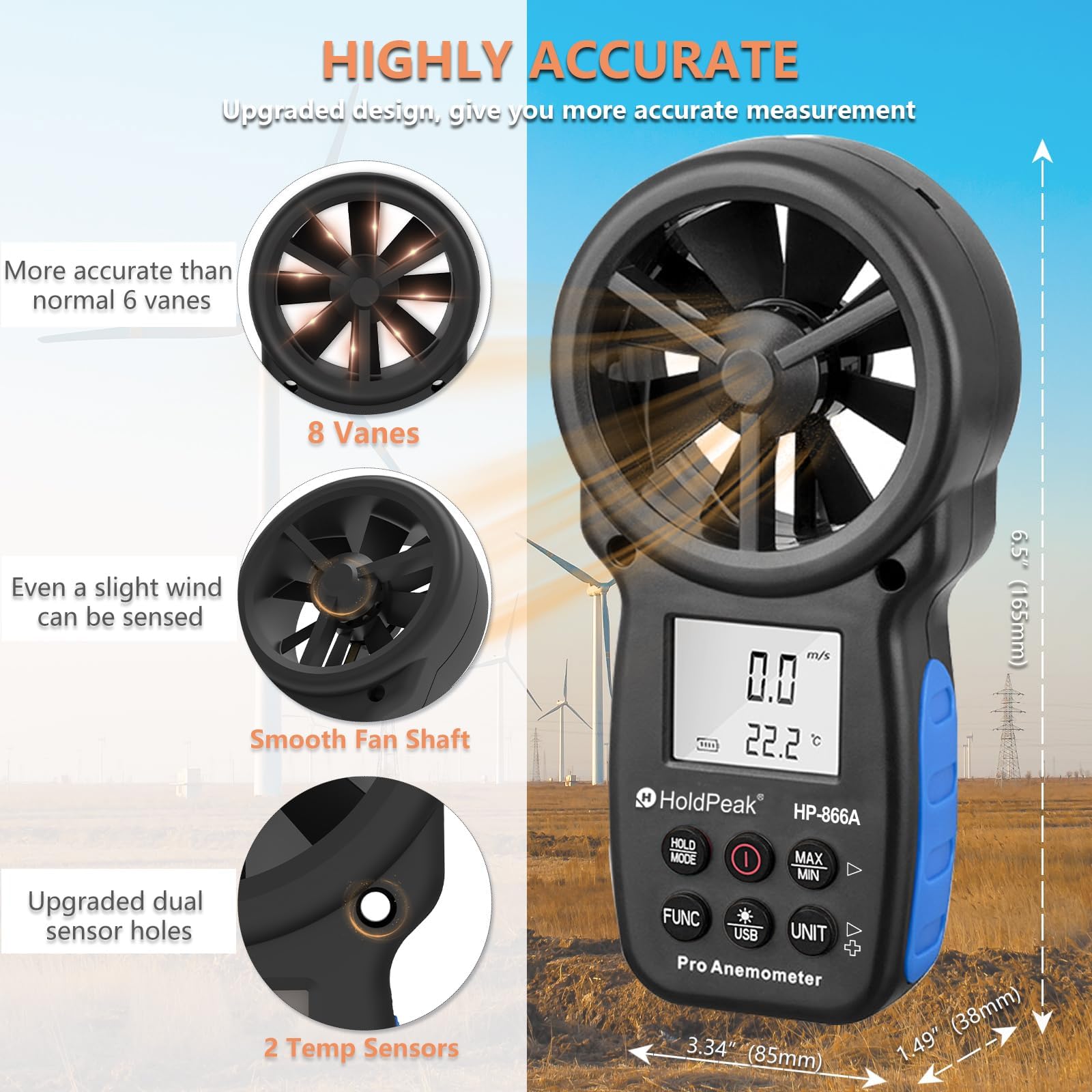 HoldPeak Anémomètre Digital Portable 866A, Anémomètre VMC m3/h avec Mémorisation Des Données, Mesure Débit et Vitesse Du Vent d'air et Humidité, Exportation via USB