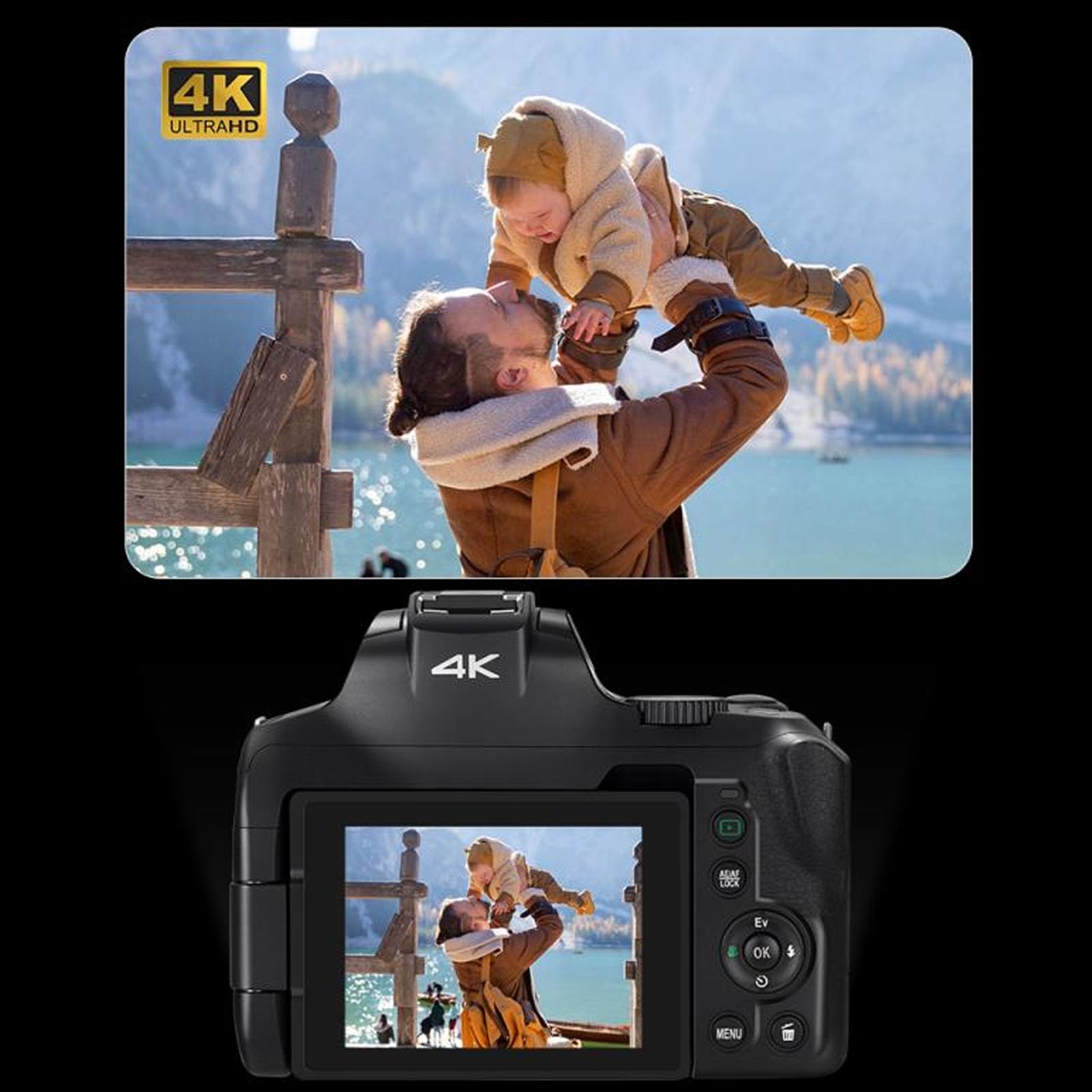 Tbest Cámara Digital 4K, Compacta para Fotografía y Vídeo WiFi 64MP 12x 30x Zoom óptico Enfoque Automático Pantalla Abatible de 270 Grados Cámara Vlogging con Aplicación