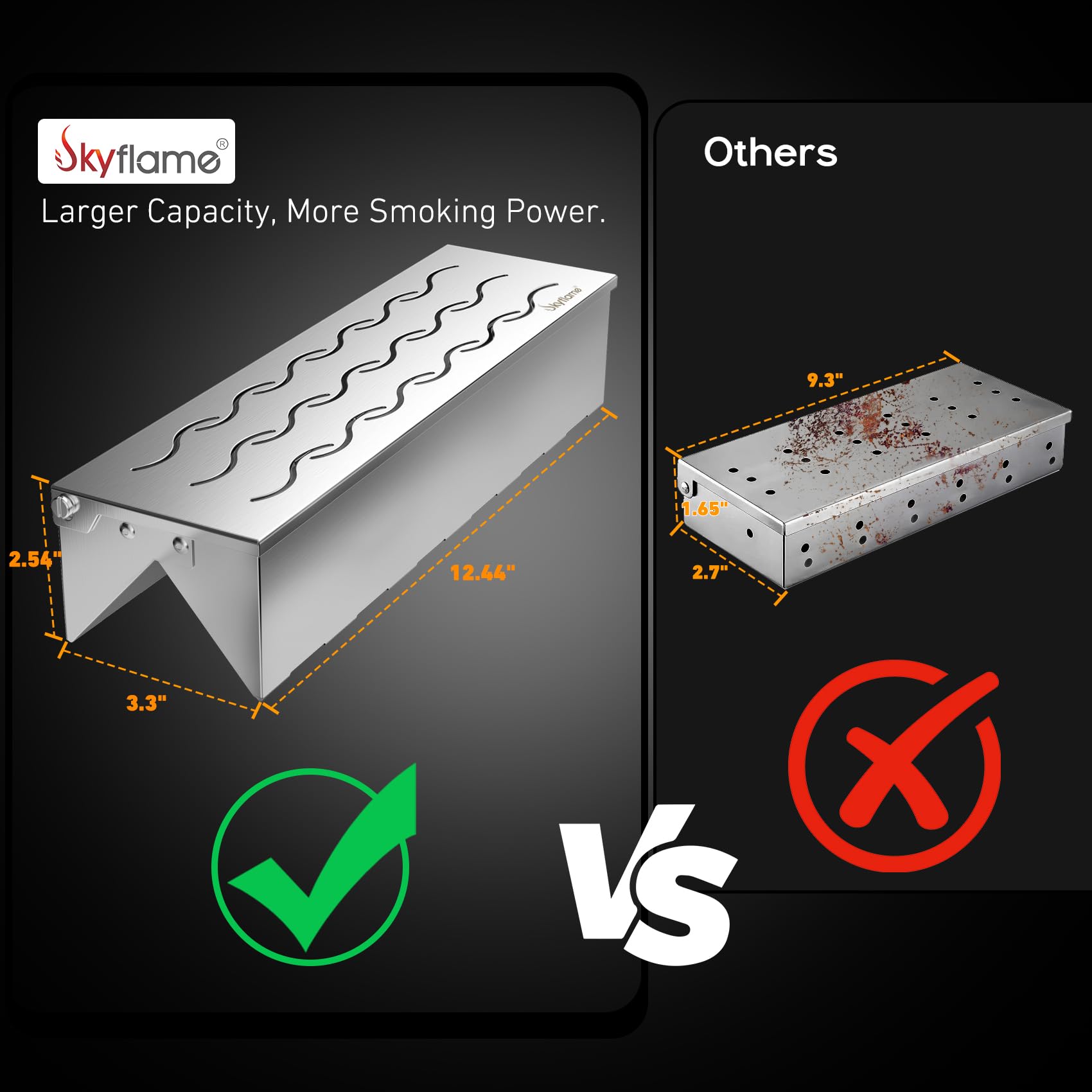 Skyflame Caja para ahumar virutas de madera con salida de humo ondulada para parrilla de carbón y gas propano, 12.5 pulgadas de largo x 3.3 pulgadas de ancho x 2.5 pulgadas de alto, patente de diseño